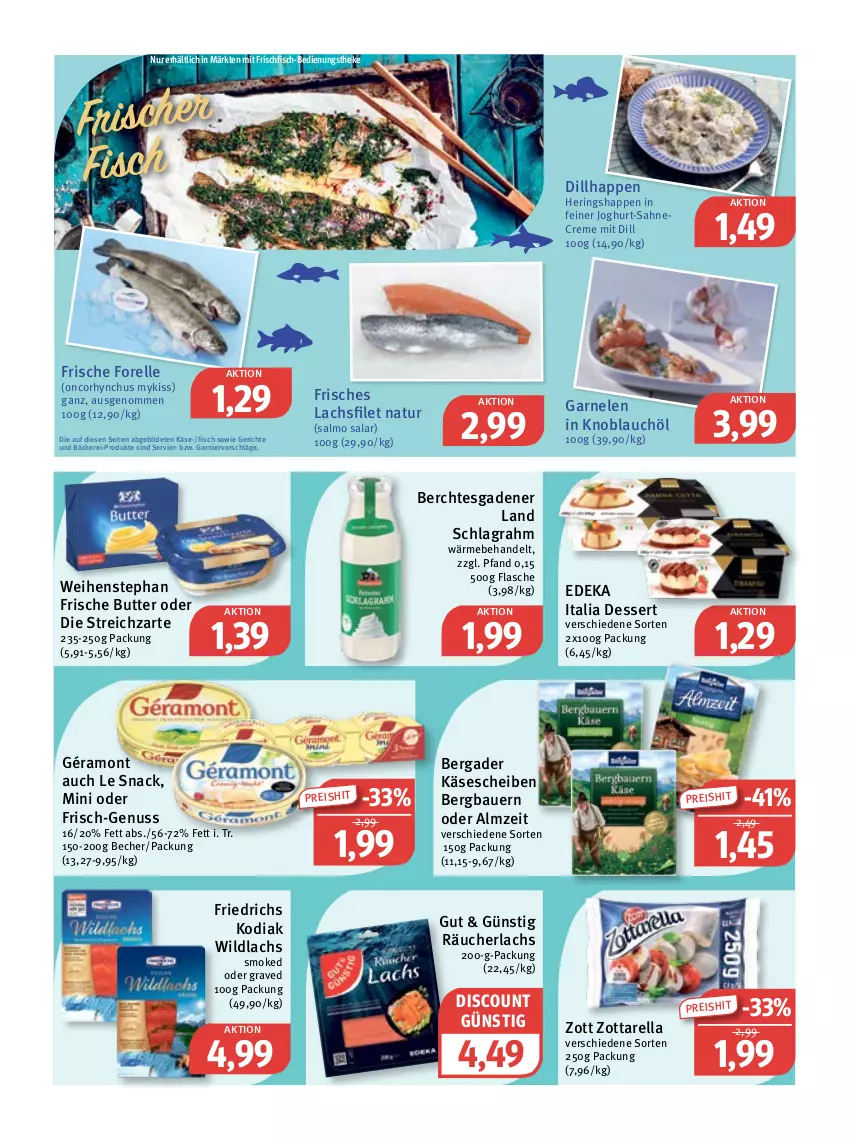 Aktueller Prospekt Feneberg - Prospekte - von 06.04 bis 08.04.2023 - strona 6 - produkty: auer, Bau, Bauer, Becher, bergader, butter, creme, deka, dessert, discount, edeka italia, eis, elle, filet, fisch, flasche, forelle, frischfisch, garnelen, garnier, géramont, hering, Herings, Heringshappen, joghur, joghurt, Käse, käsescheiben, knoblauch, lachs, lachsfilet, natur, nuss, Räucherlachs, reis, rel, ring, sahne, schlagrahm, snack, Streichzart, Ti, weihenstephan, Wild, wildlachs, zott, zottarella