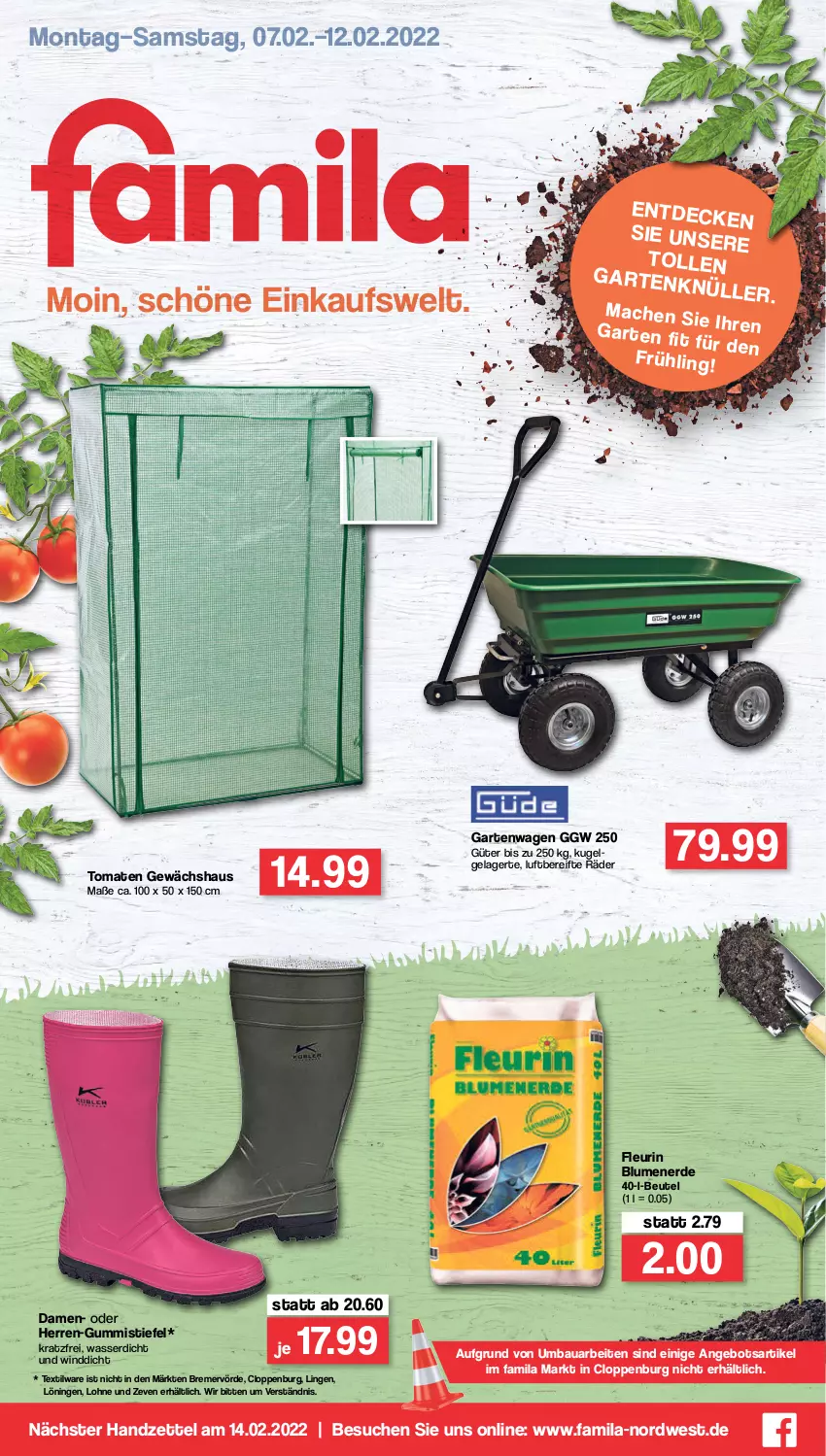 Aktueller Prospekt Famila - Prospekte - von 07.02 bis 12.02.2022 - strona 1 - produkty: angebot, Bau, beutel, blume, blumen, blumenerde, erde, Garten, Gewächshaus, Gummistiefel, Kugel, mac, Ti, tomate, tomaten, wasser