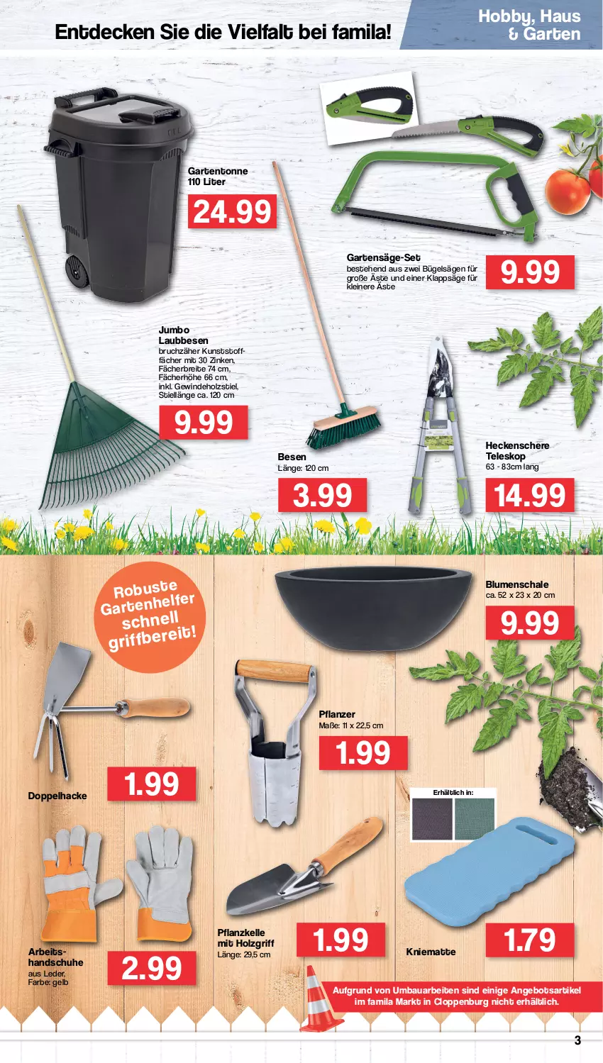 Aktueller Prospekt Famila - Prospekte - von 07.02 bis 12.02.2022 - strona 3 - produkty: angebot, Bau, blume, blumen, Brei, bügel, decke, elle, Garten, handschuhe, heckenschere, Hobby, Holz, jumbo, leine, pflanze, säge, Schal, Schale, Schere, schuhe, Teleskop, Ti