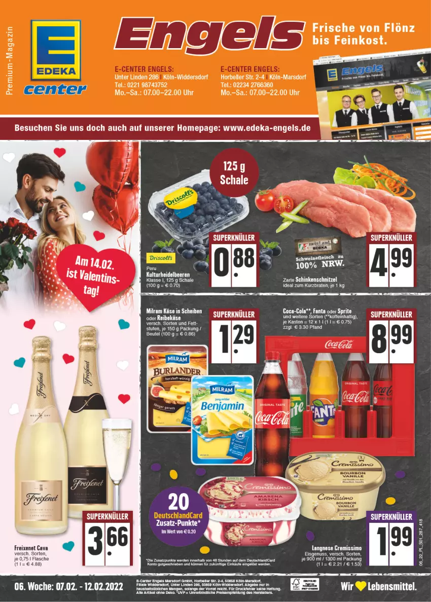 Aktueller Prospekt E Center - Angebote der Woche - von 07.02 bis 12.02.2022 - strona 1 - produkty: beere, beeren, beutel, Cava, cremissimo, eis, elle, Engel, flasche, fleisch, freixenet, heidelbeere, heidelbeeren, Käse, langnese, langnese cremissimo, lebensmittel, LG, magazin, milram, nuss, reis, Schal, Schale, schinken, schinkenschnitzel, schnitzel, schwein, schweine, schweinefleisch, sim, tee, teller, Ti, uhr, wein, weine