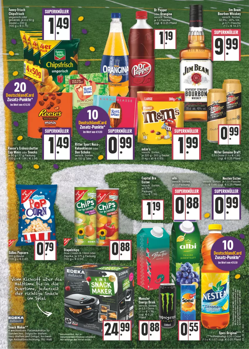 Aktueller Prospekt E Center - Angebote der Woche - von 07.02 bis 12.02.2022 - strona 13 - produkty: beutel, Cap, chips, deka, deutschlandcard, eis, eistee, flasche, funny-frisch, gin, grill, jim beam, kakao, kentucky straight, latte, LG, monster, Nestea, nuss, paprika, popcorn, ritter, ritter sport, salz, sandwich, snack, snacks, sour cream, Spezi, Sport, tee, Ti, tuc, waffeln, whiskey, zitrone, zitronen