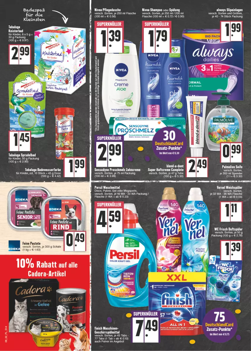 Aktueller Prospekt E Center - Angebote der Woche - von 07.02 bis 12.02.2022 - strona 14 - produkty: Alwa, Always, angebot, aust, Bad, beco, creme, deutschlandcard, dusche, erde, Finish, flasche, Haftcreme, Kinder, kraft, nivea, olive, palmolive, pastete, pflegedusche, rind, Schal, Schale, Seife, sensodyne, shampoo, shampoo oder spülung, slip, slipeinlagen, Sprudel, Sprudelbad, spülung, tee, Ti, wasser, zahncreme