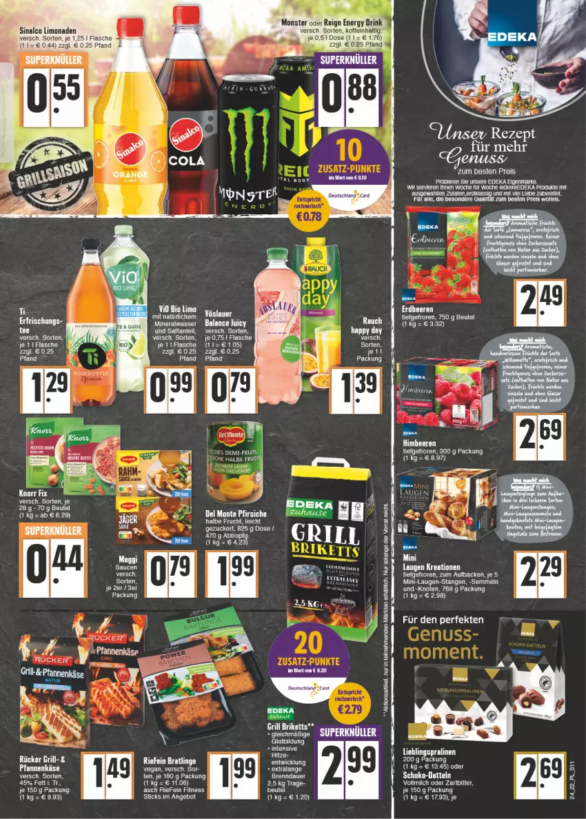 Aktueller Prospekt E Center - Angebote der Woche - von 13.06 bis 18.06.2022 - strona 11 - produkty: Alwa, angebot, Bau, beere, beeren, beutel, bio, bio limo, deka, drink, eis, elle, energy drink, ente, flasche, frucht, Happy Day, himbeer, himbeere, himbeeren, Käse, limo, limonade, limonaden, maggi, milch, mineralwasser, monster, monte, pfanne, pfannen, pfannenkäse, pfeffer, pfirsich, pfirsiche, pralinen, reis, Semmel, sinalco, tee, Ti, vollmilch, wasser, zucker