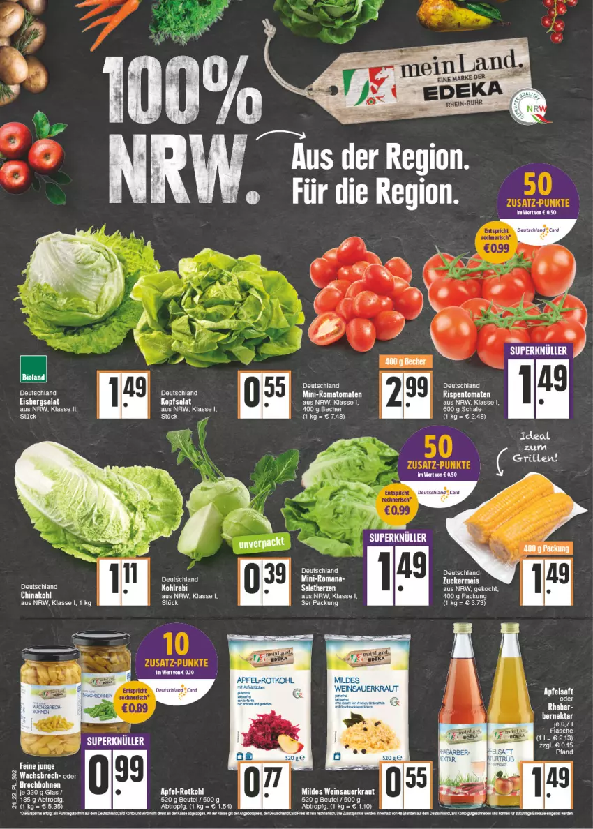 Aktueller Prospekt E Center - Angebote der Woche - von 13.06 bis 18.06.2022 - strona 2 - produkty: apfel, apfelsaft, auer, Becher, beutel, bio, bioland, deutschlandcard, eis, erde, grill, kopfsalat, Kraut, LG, mais, reis, rispentomaten, Romatomaten, saft, salat, salatherzen, salz, Sauerkraut, Schal, Schale, Ti, tomate, tomaten, wein, Weinsauerkraut, zucker, zuckermais