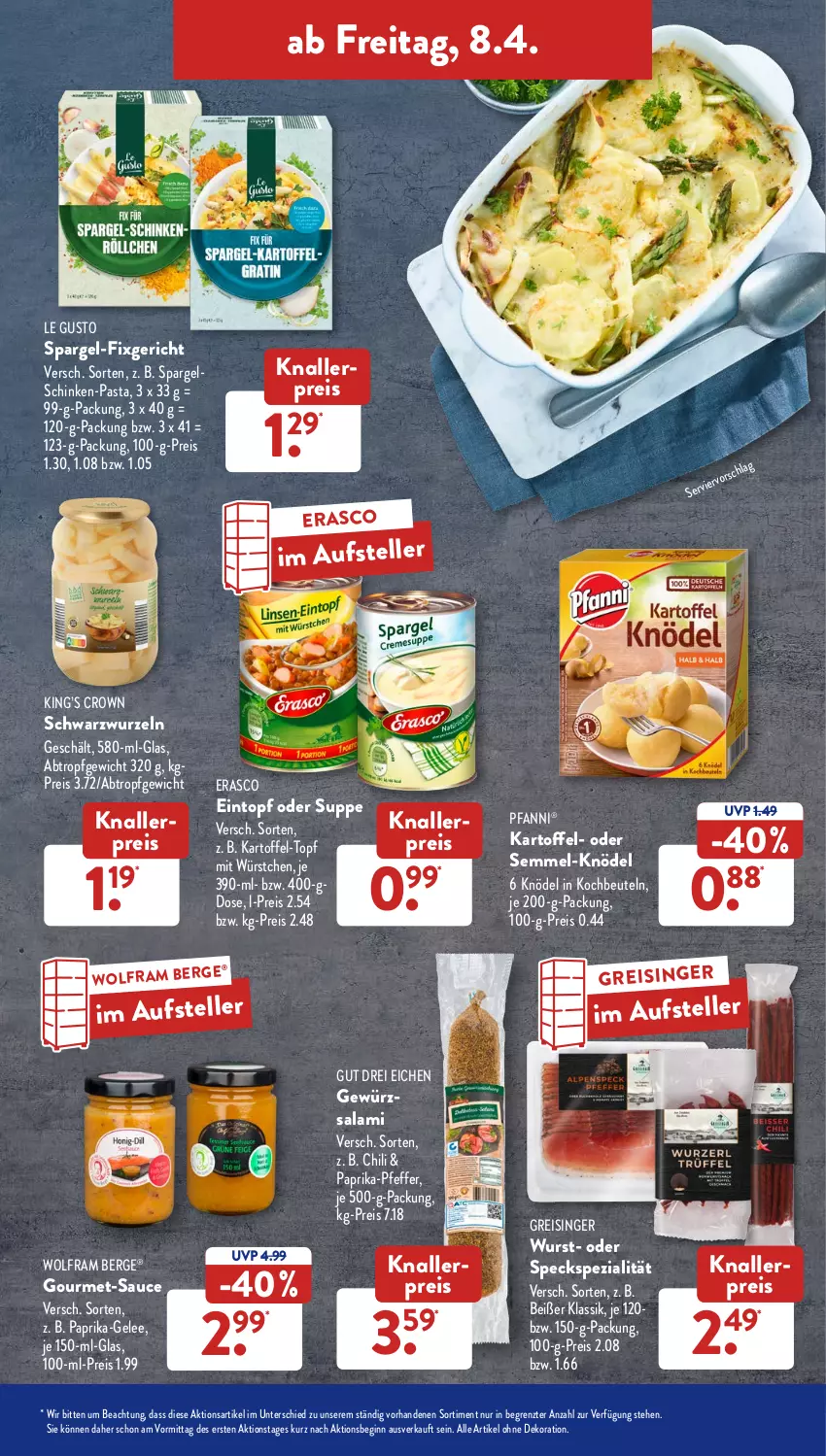 Aktueller Prospekt AldiSud - ALDI Aktuell - von 04.04 bis 09.04.2022 - strona 37 - produkty: alle artikel ohne dekoration, beutel, chili, dekoration, eintopf, eis, elle, erasco, gelee, gewürz, gin, gourmet-sauce, kartoffel, knallerpreis, Knödel, kochbeutel, mit würstchen, paprika, pasta, pfanni, pfeffer, reis, salami, sauce, schinken, Semmel, spargel, spargelschinken, Speck, Spezi, suppe, teller, Ti, topf, wurst, würstchen, ZTE