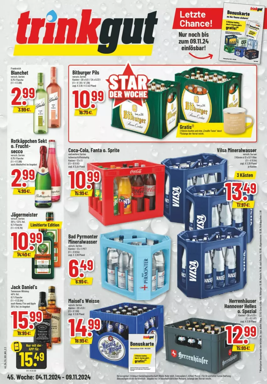 Aktueller Prospekt Trinkgut - Prospekte - von 03.11 bis 09.11.2024 - strona 1 - produkty: Alwa, angebot, Bad, bitburger, bitburger pils, burger, coca-cola, cola, deka, ecco, eis, elle, fanta, fisch, fische, frucht, Germ, jack daniel, jack daniel's, jägermeister, mais, Meister, mineralwasser, monte, pils, reis, rotkäppchen, sekt, sprite, tasse, tennessee whiskey, Ti, vilsa, wasser, whiskey, ZTE