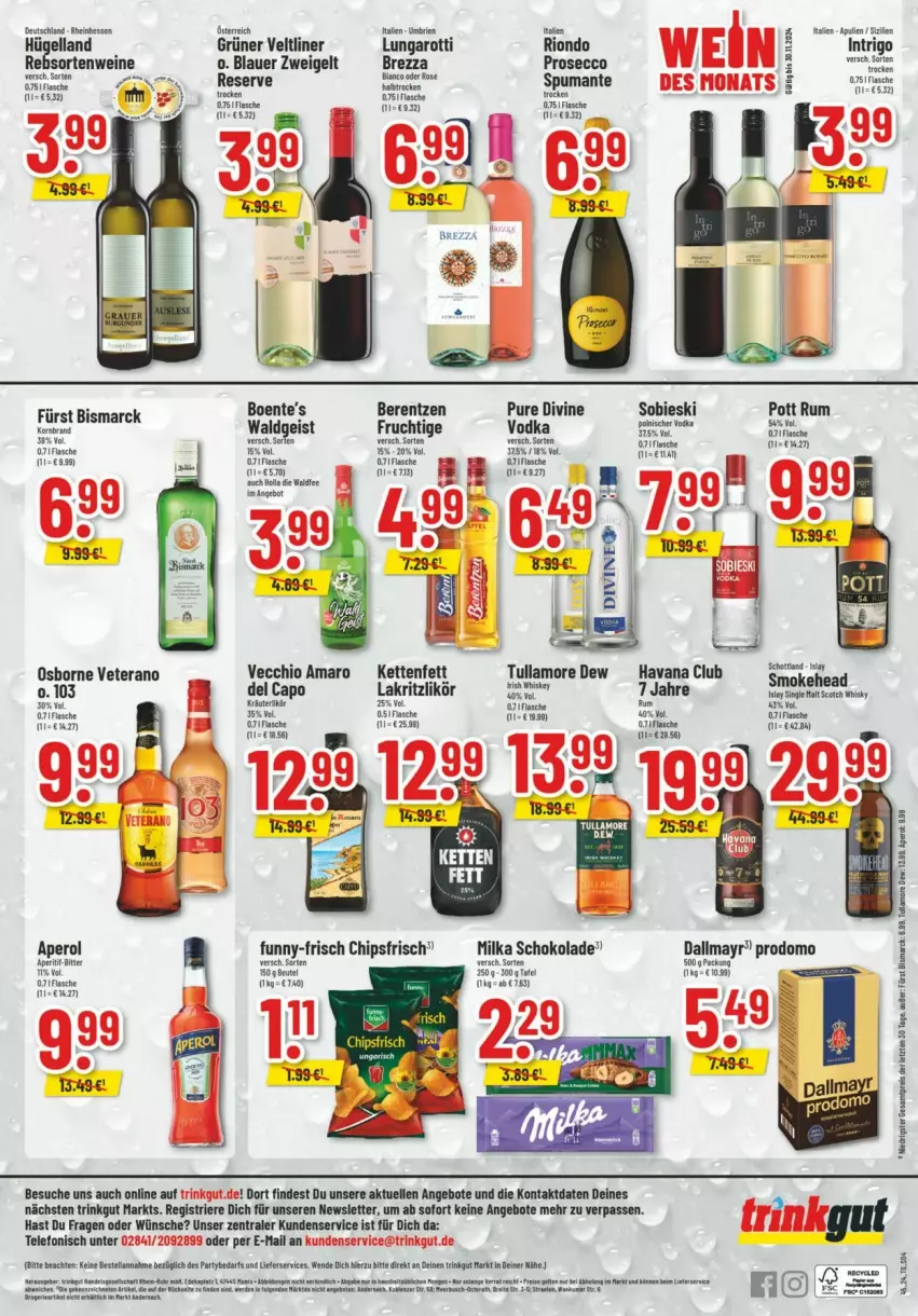 Aktueller Prospekt Trinkgut - Prospekte - von 03.11 bis 09.11.2024 - strona 6 - produkty: amaro, angebot, angebote, aperol, auer, Bagel, berentzen, beutel, bismarck, blauer zweigelt, brie, Cap, chips, chipsfrisch, dallmayr, ecco, eis, elle, ente, flasche, frucht, funny-frisch, grüner veltliner, Havana Club, Kette, kräuter, kräuterlikör, Lakritz, likör, milka, milka schokolade, osborne, prodomo, prosecco, puma, rebsortenweine, rum, schoko, schokolade, scotch, scotch whisky, spumante, telefon, Ti, tullamore, veterano, wein, weine, whisky, Zweigelt