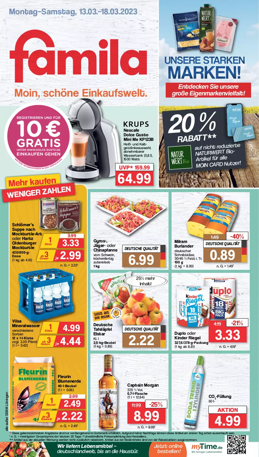 Aktueller Prospekt Famila - Prospekte - von 13.03 bis 18.03.2023 - strona 1 - produkty: Alwa, angebot, angebote, aust, beutel, blume, blumen, blumenerde, burger, burlander, Cap, captain morgan, decke, deutscher schnittkäse, dolce gusto, duplo, eis, elle, erde, flasche, getränk, getränke, gyros, Käse, Kinder, kinder riegel, küche, Küchen, lebensmittel, milram, mineralwasser, nescafe, pfanne, reis, riegel, schnittkäse, schwein, suppe, tafeläpfel, teller, Ti, vilsa, wasser, wassertank, wein, ZTE