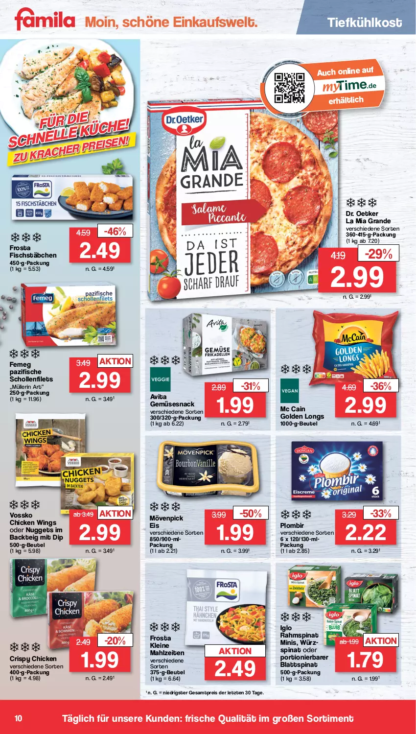 Aktueller Prospekt Famila - Prospekte - von 13.03 bis 18.03.2023 - strona 10 - produkty: beutel, blattspinat, chicken wings, dip, Dr. Oetker, eis, femeg, filet, filets, fisch, fische, fischstäbchen, frosta, Golden Longs, iglo, leine, mc cain, mövenpick, mövenpick eis, Müller, müllerin art, nuggets, reis, scholl, Schollenfilets, snack, spinat, Ti, tiefkühlkost, vita, vossko, ZTE