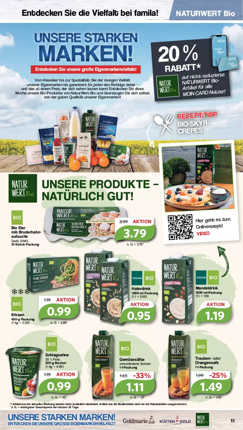 Aktueller Prospekt Famila - Prospekte - von 13.03 bis 18.03.2023 - strona 11 - produkty: Becher, bio, decke, deo, drink, eier, eis, elle, erbsen, erde, hafer, Haferdrink, mandel, Mandeldrink, natur, orange, orangen, orangensaft, reis, rezept, rezept-tipp, rwe, saft, säfte, sahne, schlagsahne, Skyr, Spezi, Ti, trauben, ZTE