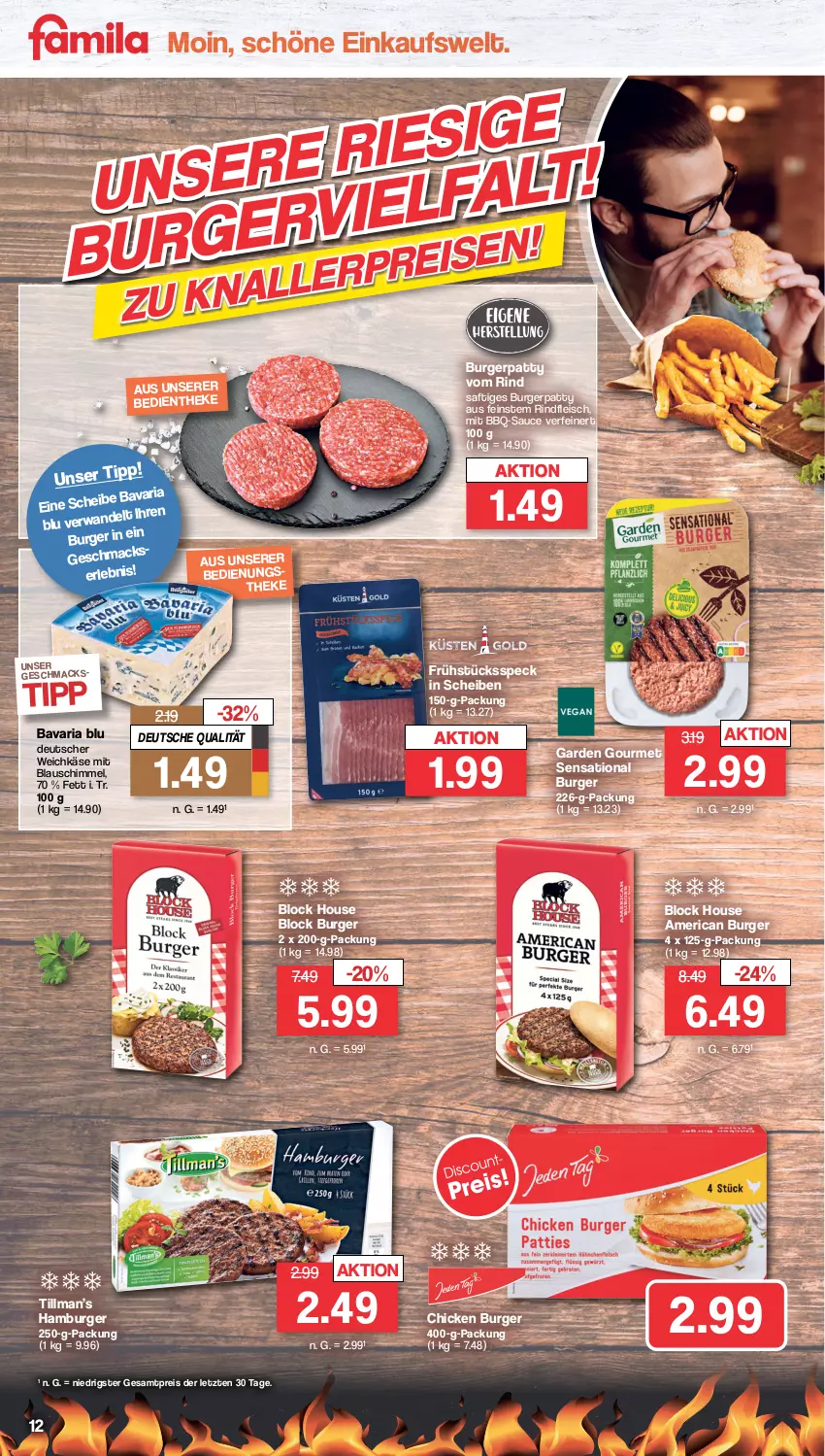 Aktueller Prospekt Famila - Prospekte - von 13.03 bis 18.03.2023 - strona 12 - produkty: bavaria blu, bbq-sauce, burger, deutscher weichkäse, eis, fleisch, Frühstücksspeck, garden gourmet, hamburger, Käse, mac, reis, Ria, rind, rindfleisch, saft, sauce, Speck, Ti, weichkäse, ZTE