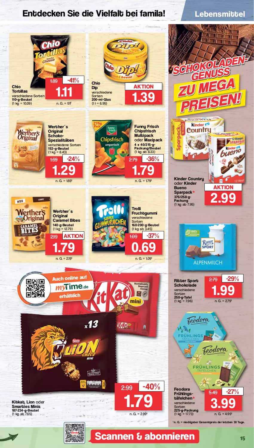 Aktueller Prospekt Famila - Prospekte - von 13.03 bis 18.03.2023 - strona 15 - produkty: beutel, bites, caramel, chips, chipsfrisch, decke, dip, eis, frucht, fruchtgummi, Funny Frisch, gin, Kinder, kinder bueno, kinder country, kitkat, lebensmittel, lion, reis, ritter, ritter sport, schoko, schokolade, smarties, Spezi, Sport, Ti, tortilla, tortillas, trolli, trolli fruchtgummi, ZTE