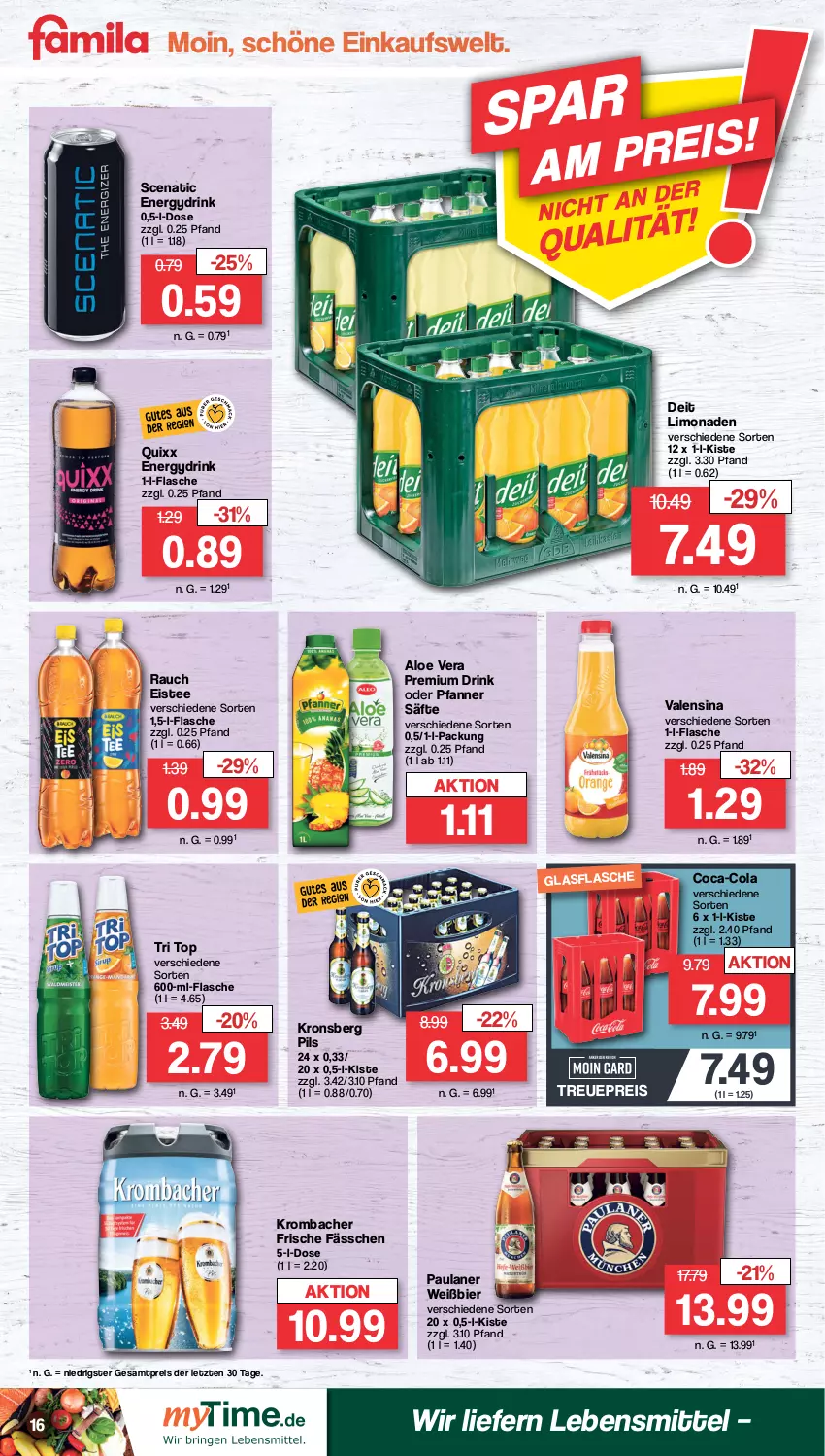 Aktueller Prospekt Famila - Prospekte - von 13.03 bis 18.03.2023 - strona 16 - produkty: aloe vera, bier, coca-cola, cola, deit, drink, eis, eistee, flasche, glasflasche, krombache, krombacher, lebensmittel, limo, limonade, limonaden, Paula, paulaner, pfanne, Pfanner, pils, Quixx, Rauch, reis, säfte, tee, Ti, valensina, ZTE