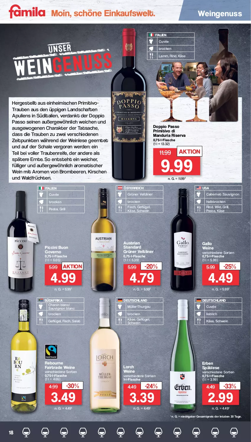 Aktueller Prospekt Famila - Prospekte - von 13.03 bis 18.03.2023 - strona 18 - produkty: aust, beere, beeren, brombeere, brombeeren, cabernet, cabernet sauvignon, cin, cuvée, doppio passo, eis, erde, fisch, flasche, früchte, früchten, gallo, Geflügel, grill, grüner veltliner, Käse, kirsch, kirsche, kirschen, lamm, Müller, Müller-Thurgau, nuss, passo, pasta, primitivo, reis, Ria, rind, riserva, sac, salat, sauvignon, sauvignon blanc, Schal, Schale, schwein, Ti, tisch, trauben, wein, weine, Wild, ZTE