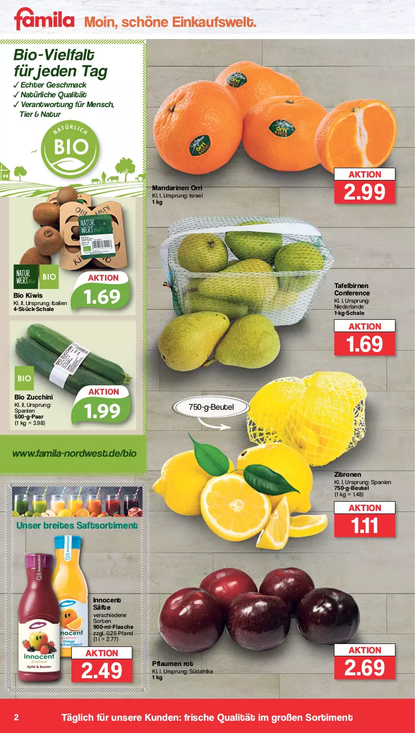 Aktueller Prospekt Famila - Prospekte - von 13.03 bis 18.03.2023 - strona 2 - produkty: beutel, bio, Birnen, Brei, flasche, Innocent, kiwi, mac, mandarine, mandarinen, natur, pflaume, pflaumen, saft, säfte, Schal, Schale, tafelbirnen, Ti, zitrone, zitronen, zucchini