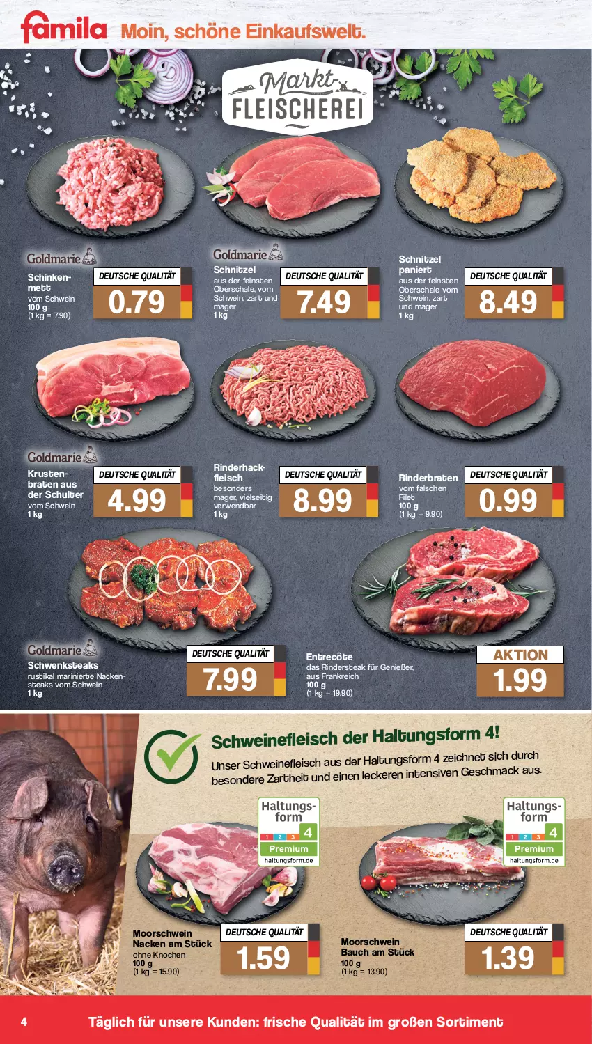 Aktueller Prospekt Famila - Prospekte - von 13.03 bis 18.03.2023 - strona 4 - produkty: Bau, braten, eis, entrecôte, filet, fleisch, mac, Mett, Nackensteak, nackensteaks, rind, rinder, rinderbraten, Rindersteak, rwe, Schal, Schale, schinken, schnitzel, schwein, schweine, schweinefleisch, steak, steaks, Ti, wein, weine