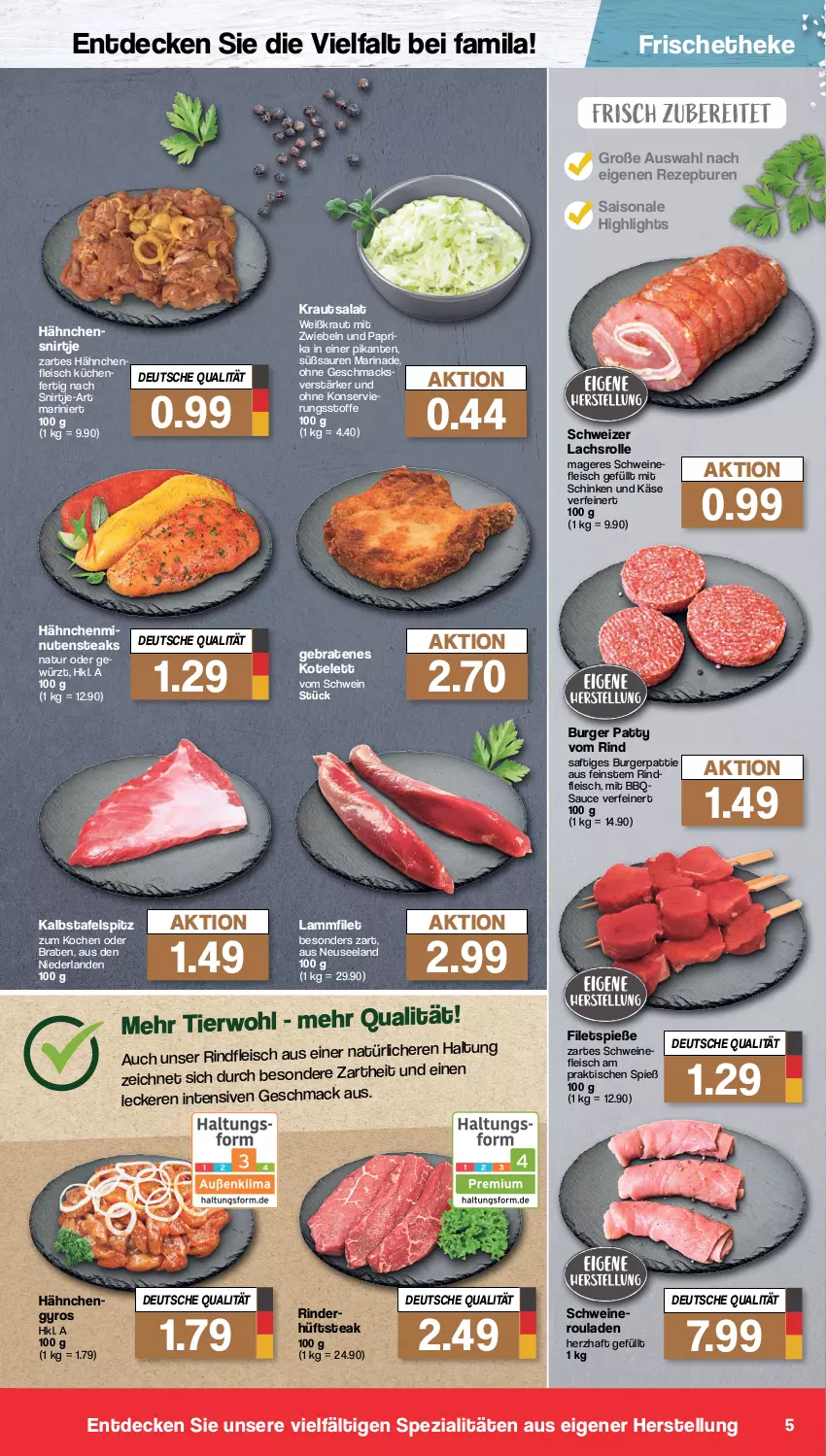 Aktueller Prospekt Famila - Prospekte - von 13.03 bis 18.03.2023 - strona 5 - produkty: braten, burger, decke, eis, Elan, filet, filets, fleisch, gyros, hüftsteak, Käse, kotelett, Kraut, krautsalat, küche, Küchen, lachs, Lachsrolle, lamm, mac, marinade, mit zwiebeln, natur, rezept, rind, rinder, rindfleisch, rouladen, saft, salat, sauce, schinken, schwein, schweine, Spezi, steak, steaks, tafelspitz, Ti, tisch, wein, weine, zwiebel, zwiebeln