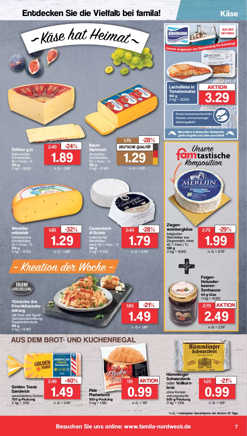 Aktueller Prospekt Famila - Prospekte - von 13.03 bis 18.03.2023 - strona 7 - produkty: auer, Bau, Bauer, beere, beeren, Bergkäse, brot, camembert, decke, deutscher schnittkäse, di bufala, dip, doppelrahmstufe, eis, Faktu, Feigen, feta, filet, filets, Fladenbrot, frischkäse, frischkäsezubereitung, golden toast, holländischer schnittkäse, holunder, Käse, korn, kuchen, lachs, lachsfilet, lachsfilets, LG, milch, regal, reis, Salsa, sandwich, sauce, schnittkäse, Schwarzbrot, senf, spitzenqualität, Ti, toast, tomate, tomaten, weichkäse, wein, ZTE