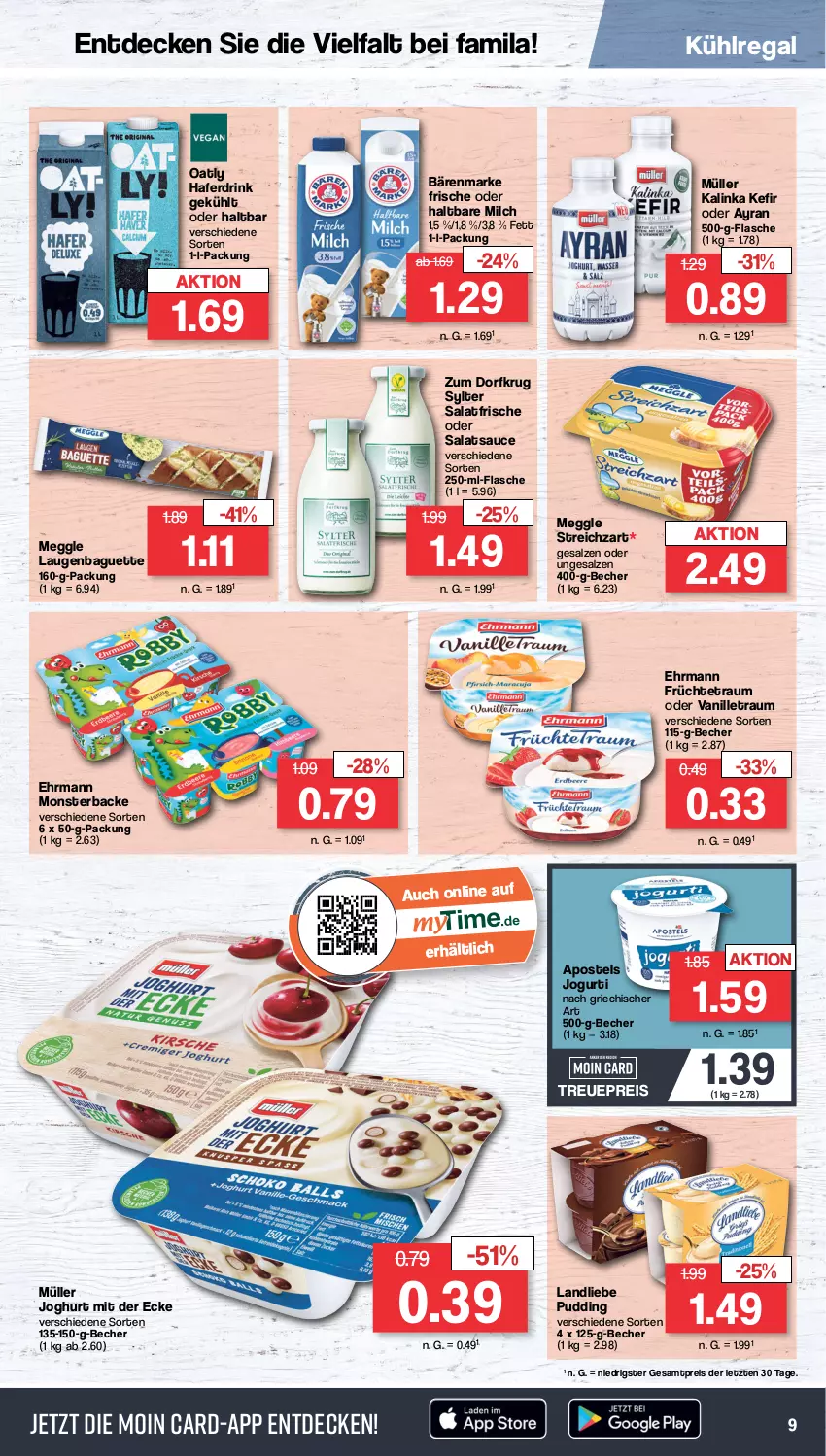 Aktueller Prospekt Famila - Prospekte - von 13.03 bis 18.03.2023 - strona 9 - produkty: apostels, Ayran, baguette, bärenmarke, Becher, decke, drink, ehrmann, eis, flasche, früchte, hafer, Haferdrink, haltbare milch, joghur, joghurt, joghurt mit der ecke, jogurt, Kefir, kühlregal, landliebe, meggle, milch, monster, Müller, pudding, regal, reis, salat, salatsauce, salz, sauce, Streichzart, Sylter, Ti, vanille, ZTE, Zum Dorfkrug