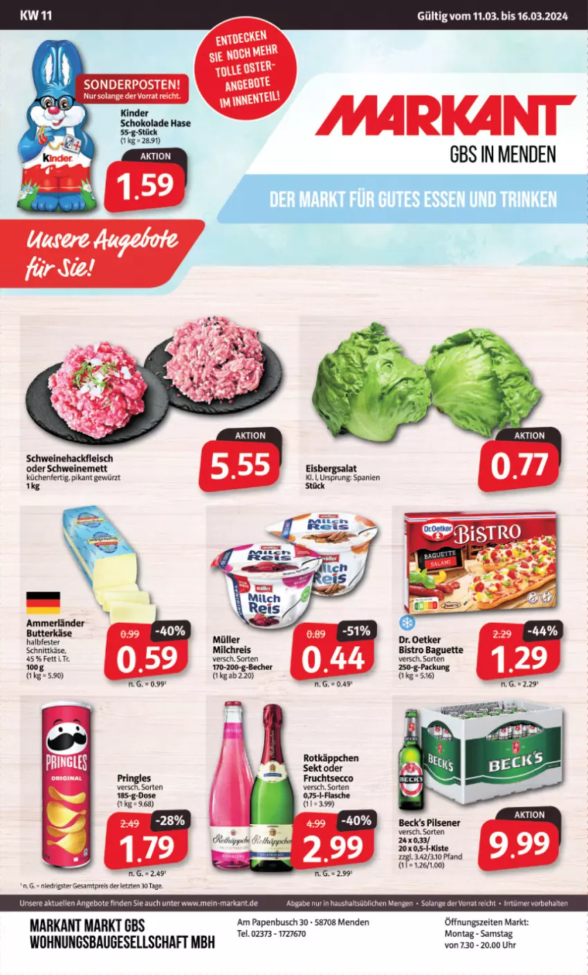 Aktueller Prospekt Markant - Prospekte - von 11.03 bis 16.03.2024 - strona 1 - produkty: ammerländer, angebot, angebote, Bau, butter, butterkäse, ecco, eis, elle, flasche, fleisch, frucht, fruchtsecco, gewürz, hackfleisch, halbfester schnittkäse, Käse, merl, Mett, milch, milchreis, Müller, pringles, reis, ring, rotkäppchen, schnittkäse, schwein, schweine, Schweinehackfleisch, schweinemett, sekt, Ti, uhr, wein, weine, ZTE