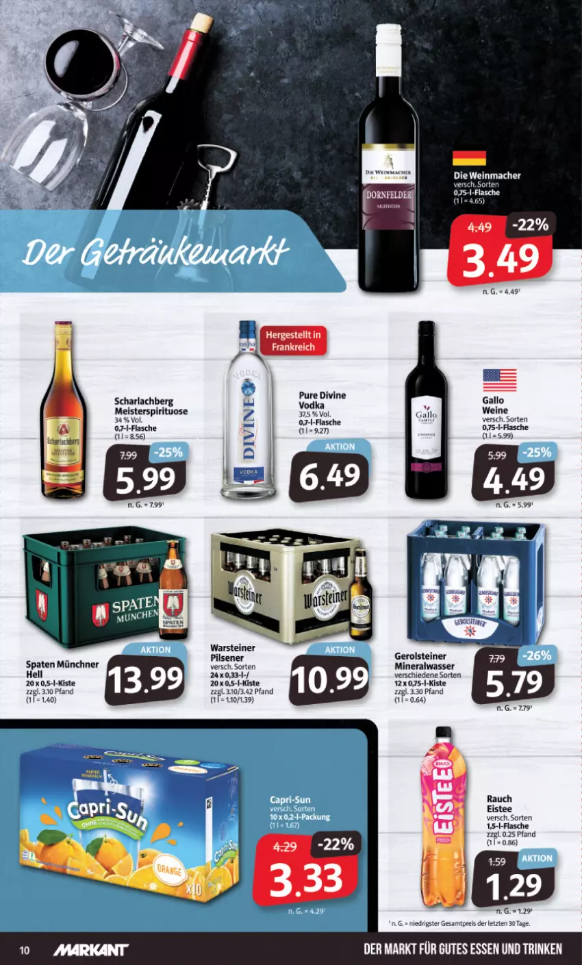 Aktueller Prospekt Markant - Prospekte - von 11.03 bis 16.03.2024 - strona 10 - produkty: Alwa, arla, bett, eis, eistee, flasche, gallo, gerolsteine, gerolsteiner, gutes essen, mac, Meister, mineralwasser, pils, pilsener, Rauch, reis, Spaten, steiner, tee, warsteiner, wasser, wein, ZTE