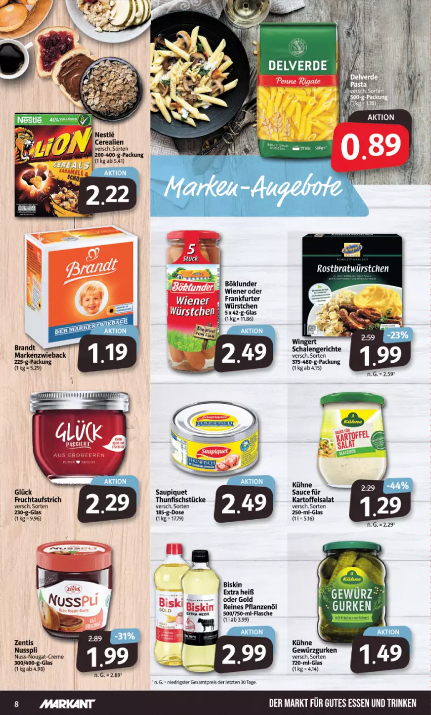 Aktueller Prospekt Markant - Prospekte - von 11.03 bis 16.03.2024 - strona 8 - produkty: böklunder, creme, eis, erde, fisch, flasche, frankfurter, gewürz, Gewürzgurke, gewürzgurken, gurke, gurken, kartoffel, kartoffelsalat, Kühne, nuss, nuss-nougat-creme, nusspli, penne, penne rigate, pflanze, pflanzen, Pflanzenöl, reis, salat, sauce, saupiquet, Schal, Schale, thunfisch, wiener, würstchen, ZTE