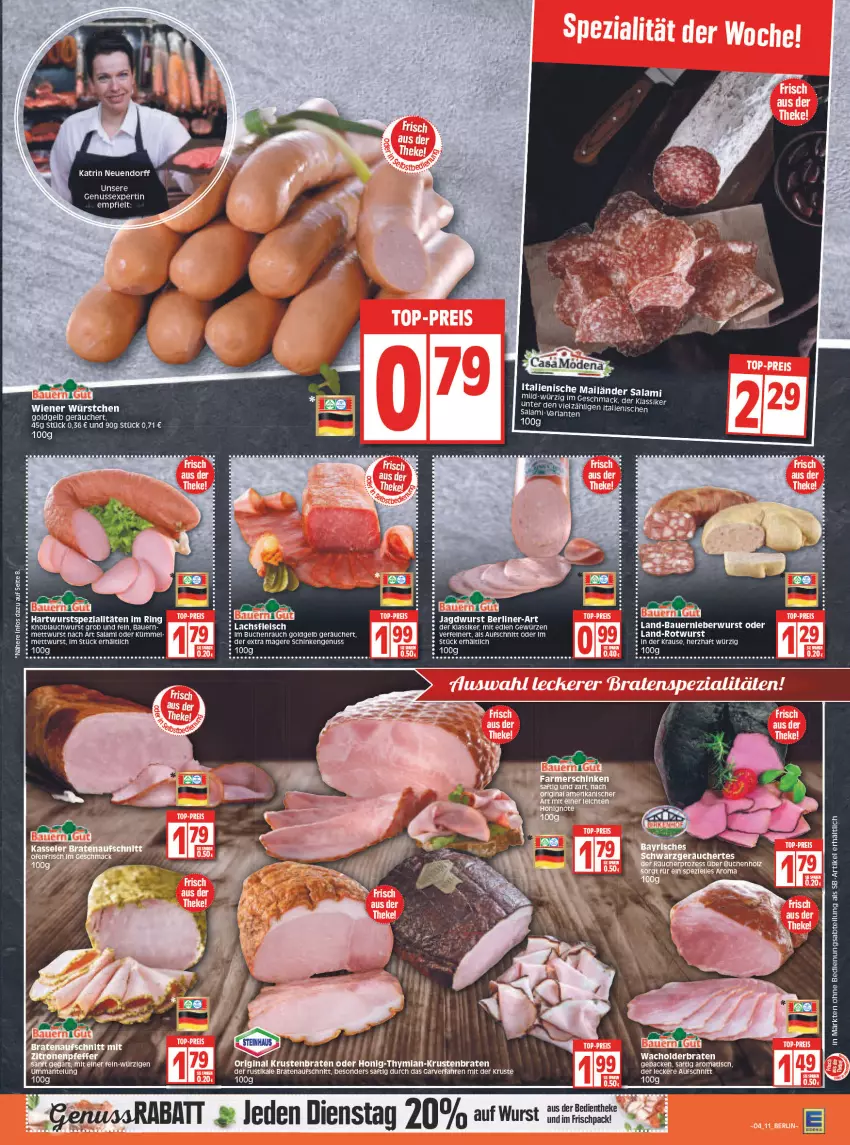 Aktueller Prospekt Edeka - Angebote der Woche - von 24.01 bis 29.01.2022 - strona 11 - produkty: Abtei, auer, aufschnitt, Bau, Bauer, berliner, braten, bratenaufschnitt, buch, eis, geback, gin, honig, jagdwurst, knoblauch, krustenbraten, mac, Mantel, Mett, mettwurst, nuss, Rauch, reis, Ria, ring, Rotwurst, saft, salami, schinken, Spezi, Ti, tisch, top-preis, wiener, wiener würstchen, wurst, würstchen