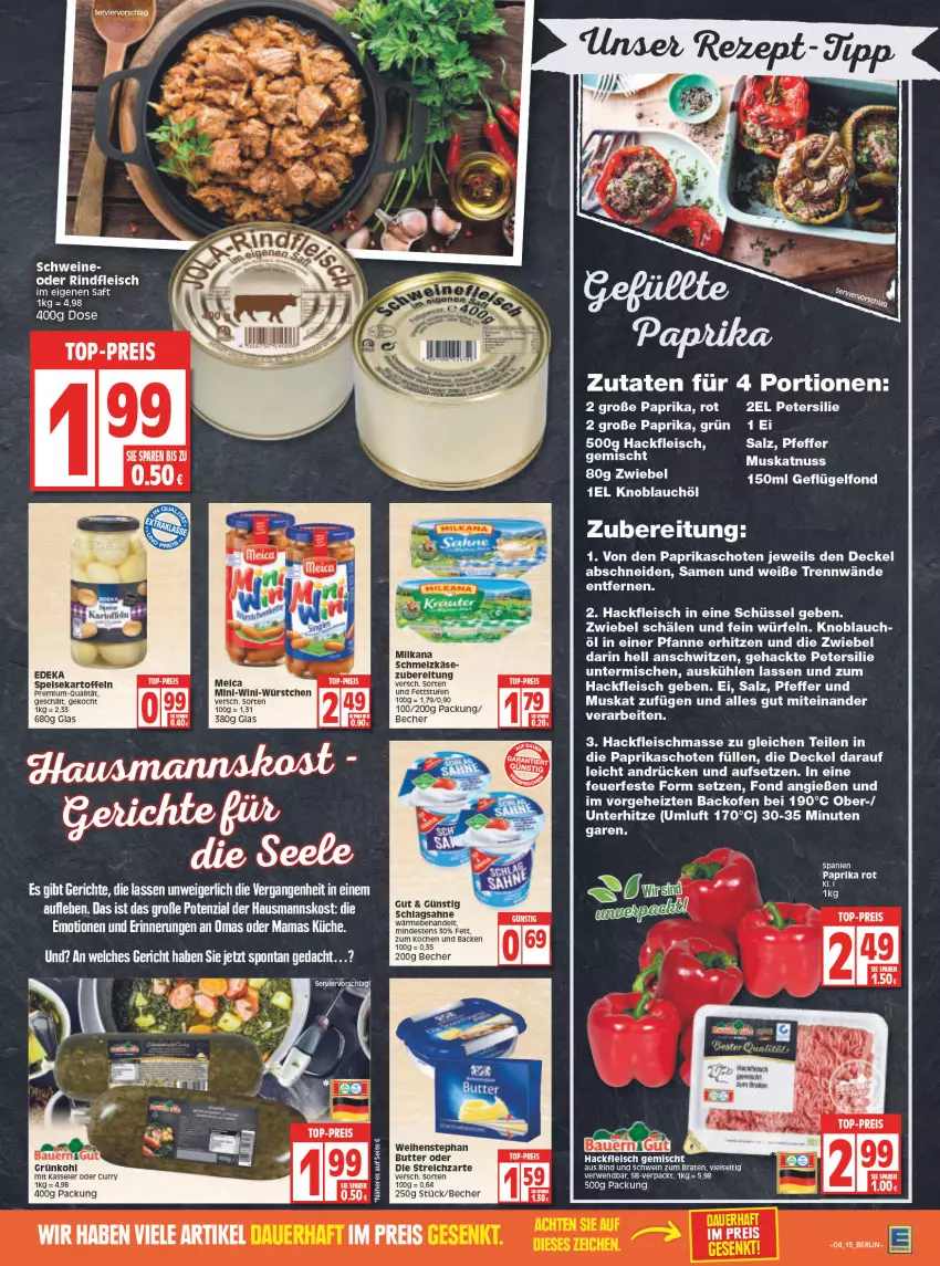 Aktueller Prospekt Edeka - Angebote der Woche - von 24.01 bis 29.01.2022 - strona 15 - produkty: auer, backofen, Bau, Bauer, Becher, braten, butter, curry, decke, Deckel, deit, deka, eis, fleisch, Geflügel, Geflügelfond, hackfleisch, kartoffel, kartoffeln, Käse, kasseler, knoblauch, küche, mam, milka, milkana, Muskatnuss, nuss, Ofen, paprika, paprika rot, petersilie, pfanne, pfeffer, reis, rind, rindfleisch, Rindfleisch im eigenen saft, rwe, saft, sahne, salz, schlagsahne, Schmelzkäse, schüssel, schwein, schweine, speisekartoffeln, Streichzart, Ti, top-preis, weihenstephan, wein, weine, würfel, würstchen, ZTE, zwiebel