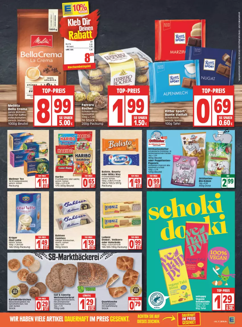 Aktueller Prospekt Edeka - Angebote der Woche - von 24.01 bis 29.01.2022 - strona 17 - produkty: auto, bahlsen, ball, bella crema, beutel, bohne, bohnen, bounty, brot, brötchen, comtess, eis, frucht, fruchtgummi, hafer, haribo, kaffee, kakao, kartoffel, keks, korn, Kornbrot, krüger, kuchen, Lakritz, latte, leibniz, Meister, melitta, Meßmer, milky way, nuss, oder lakritz, Plunder, quark, riegel, saft, schoko, schokolade, schokoladen, Spezi, Tasche, tee, Ti, tisch, tomate, tomaten, vollautomaten, weltmeisterbrot