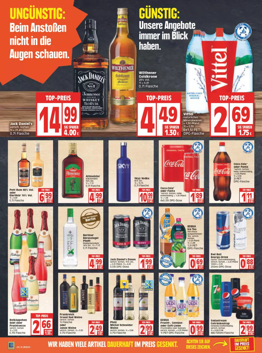 Aktueller Prospekt Edeka - Angebote der Woche - von 24.01 bis 29.01.2022 - strona 18 - produkty: angebot, angebote, berliner, coca-cola, cola, deka, drink, ecco, eier, eierlikör, eis, fanta, flasche, frucht, fruchtsäfte, fruchtsecco, getränk, getränke, getränkesirup, grand sud, ice tea, jack daniel, jack daniel's, kräuter, kräuterlikör, likör, Meister, Michel Schneider, Nektar, pfeffer, pfefferminzlikör, red bull, rotkäppchen, rum, saft, säfte, sekt, sirup, skyy, Skyy Vodka, Soda, sodastream, tee, Ti, vodka, wein, weine