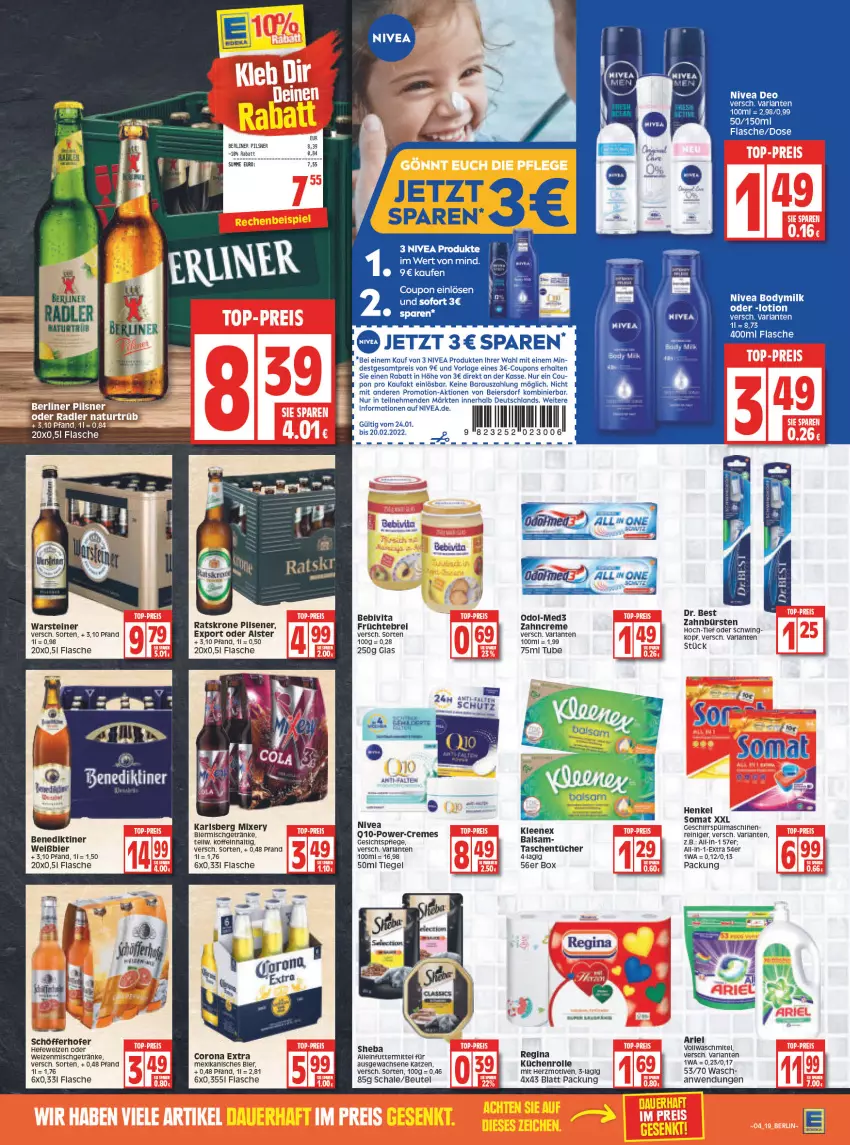 Aktueller Prospekt Edeka - Angebote der Woche - von 24.01 bis 29.01.2022 - strona 19 - produkty: alleinfuttermittel, ariel, arla, balsam, bebivita, Benediktiner, berliner, beutel, bier, body, Bodymilk, Brei, corona, corona extra, coupon, coupons, creme, deo, eier, eis, elle, flasche, früchte, geschirr, gesichtspflege, getränk, getränke, gin, Hefe, henkel, krone, küche, Küchen, küchenrolle, Lotion, Mixer, mixery, nivea, oder radler, Odol, pils, pilsener, pilsner, radler, reiniger, reis, rel, Ria, Schal, Schale, schöfferhofer, sheba, somat, spülmaschinen, steiner, Tasche, taschen, taschentücher, Ti, tücher, vita, warsteiner, zahncreme