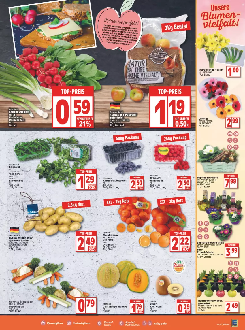 Aktueller Prospekt Edeka - Angebote der Woche - von 24.01 bis 29.01.2022 - strona 7 - produkty: beere, beeren, beutel, blume, blumen, cola, deka, eis, feldsalat, Germ, heidelbeere, heidelbeeren, himbeer, himbeere, himbeeren, kartoffel, kartoffeln, kiwi, Kiwi Gold, korb, Lauchzwiebel, lauchzwiebeln, LG, mandarine, mandarinen, melone, Narzissen, obst, orange, orangen, Primeln, radieschen, rucola, salat, Schal, Schale, speisekartoffeln, suppe, suppen, Ti, topf, zespri, ZTE, zwiebel, zwiebeln