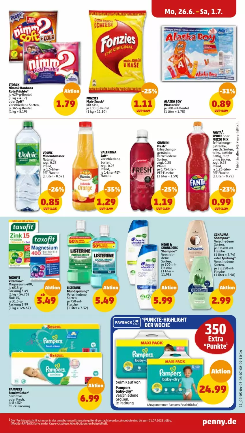 Aktueller Prospekt Penny - Prospekte - von 26.06 bis 01.07.2023 - strona 11 - produkty: Alwa, angebot, angebote, baby-dry, beutel, bonbons, eis, ente, erde, fanta, feuchttücher, flasche, früchte, getränk, getränke, granini, Käse, listerine, mac, magnesium, magnesium 400, mais, Mezzo Mix, mineralwasser, Mode, mundspülung, nimm2, pampers, payback, pet-flasche, reis, rel, saft, shampoo, snack, sprite, spülung, storck, Ti, tücher, valensina, vita, Vitamine, wasser, wassereis