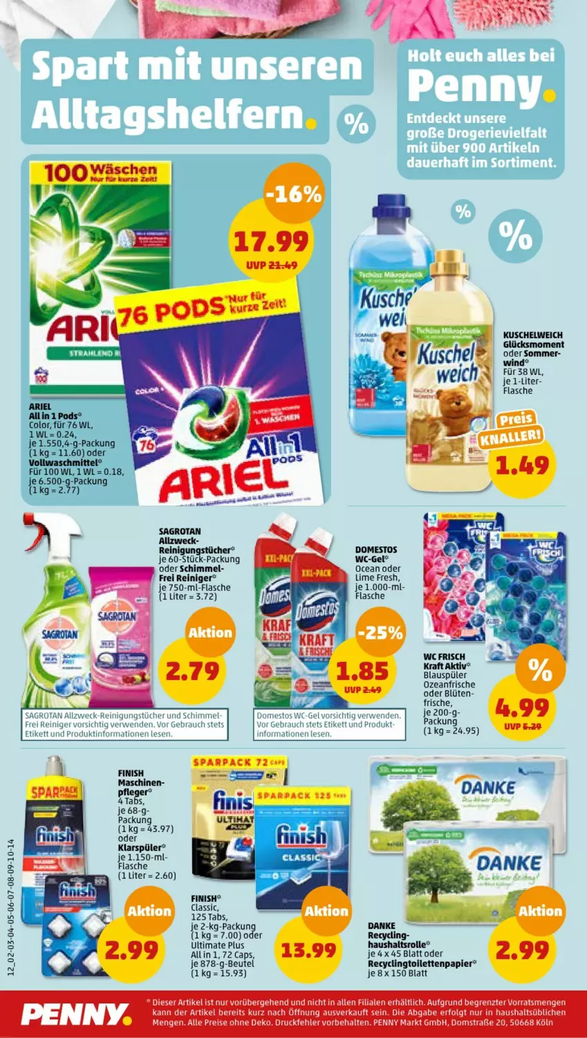 Aktueller Prospekt Penny - Prospekte - von 26.06 bis 01.07.2023 - strona 12 - produkty: ariel, beutel, Blüte, Cap, Clin, domestos, eis, Finish, flasche, klarspüler, kraft, LG, papier, Pods, Rauch, reiniger, Reinigung, reinigungstücher, reis, Ria, rwe, sagrotan, Ti, toilettenpapier, tücher, uhr, vollwaschmittel, waschmittel, wc frisch, wc-gel, weck, ZTE