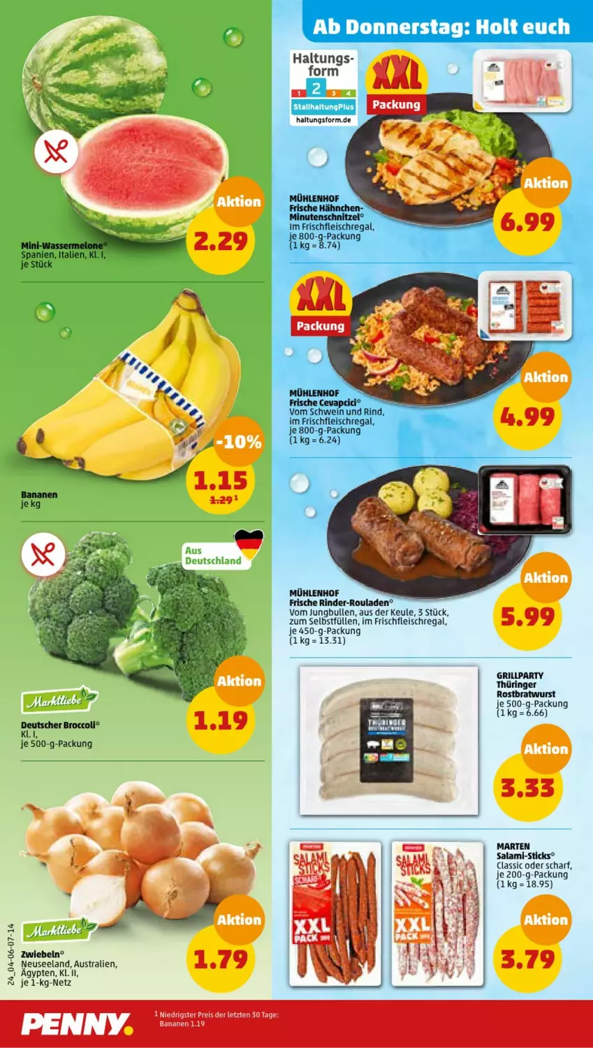 Aktueller Prospekt Penny - Prospekte - von 26.06 bis 01.07.2023 - strona 24 - produkty: aust, banane, bananen, bratwurst, broccoli, eis, Elan, fleisch, Frische Hähnchen, grill, jungbullen, minutenschnitzel, regal, reis, rind, rinder, rinder-rouladen, ring, rostbratwurst, rouladen, salami, schnitzel, schwein, schwein und rind, Ti, vom schwein und rind, wein, wurst, ZTE, zwiebel, zwiebeln