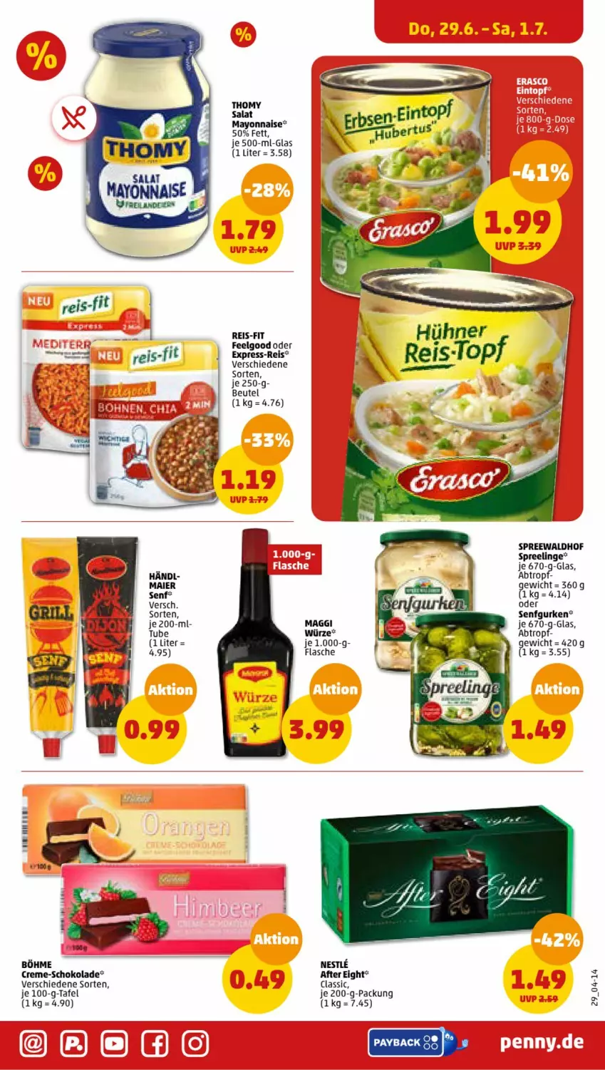 Aktueller Prospekt Penny - Prospekte - von 26.06 bis 01.07.2023 - strona 29 - produkty: after eight, beutel, creme, eis, express-reis, flasche, gurke, gurken, LG, maggi, maggi würze, mayonnaise, payback, reis, reis-fit, salat, schoko, schokolade, senf, spreewaldhof, thomy, Yo