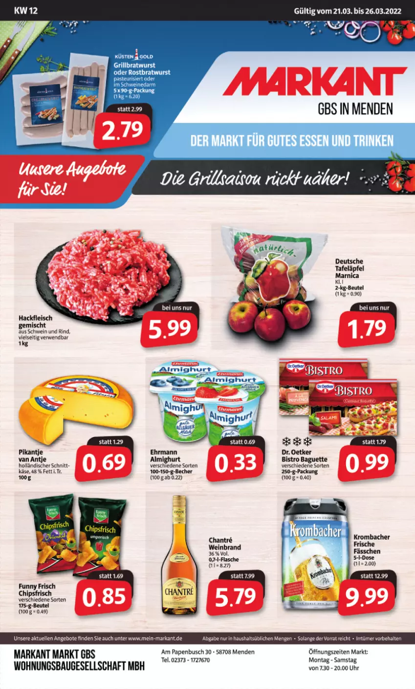 Aktueller Prospekt Markant - Prospekte - von 21.03 bis 26.03.2022 - strona 1 - produkty: almighur, almighurt, angebot, angebote, Arnica, baguette, Bau, Becher, beutel, Bistro Baguette, bratwurst, chips, chipsfrisch, eis, elle, fleisch, Funny Frisch, grill, grillbratwurst, gutes essen, hackfleisch, hackfleisch gemischt, Käse, rind, rwe, schwein, schwein und rind, tafeläpfel, Ti, uhr, wein, wurst