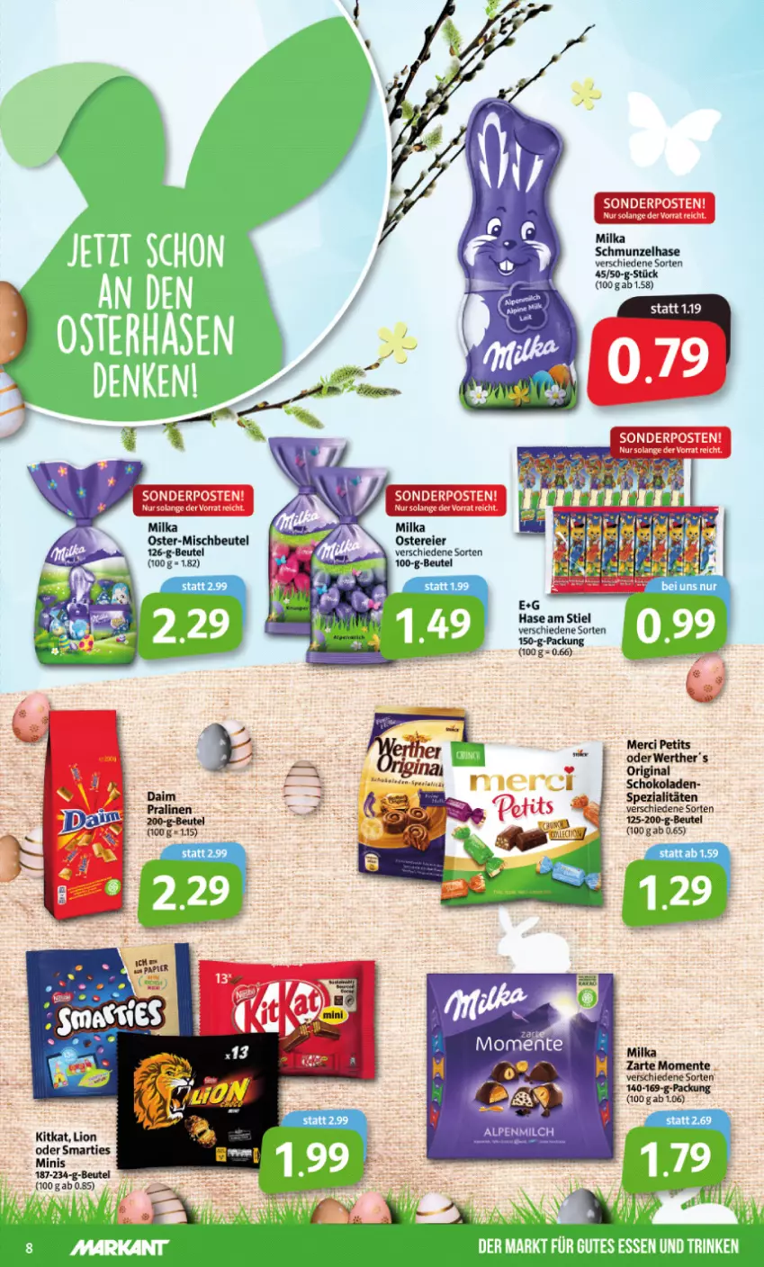 Aktueller Prospekt Markant - Prospekte - von 21.03 bis 26.03.2022 - strona 8 - produkty: alpenmilch, beutel, daim, eier, ente, gin, kitkat, lion, merci, milch, milka, pralinen, schoko, schokolade, schokoladen, smarties, sonderposten, Spezi, Ti, Tiere