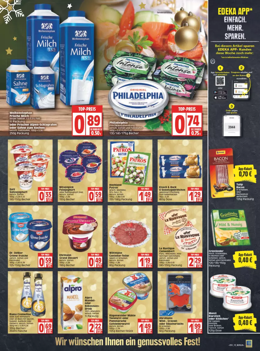 Aktueller Prospekt Edeka - Angebote der Woche - von 20.12 bis 25.12.2021 - strona 13 - produkty: bacon, Becher, Brühe, buch, eier, eintöpfe, eis, grünländer, Holz, Käse, LG, nuss, philadelphia, reis, sahne, schlagrahm, schnittkäse, suppe, suppen, Ti, top-preis, tulip, würfel