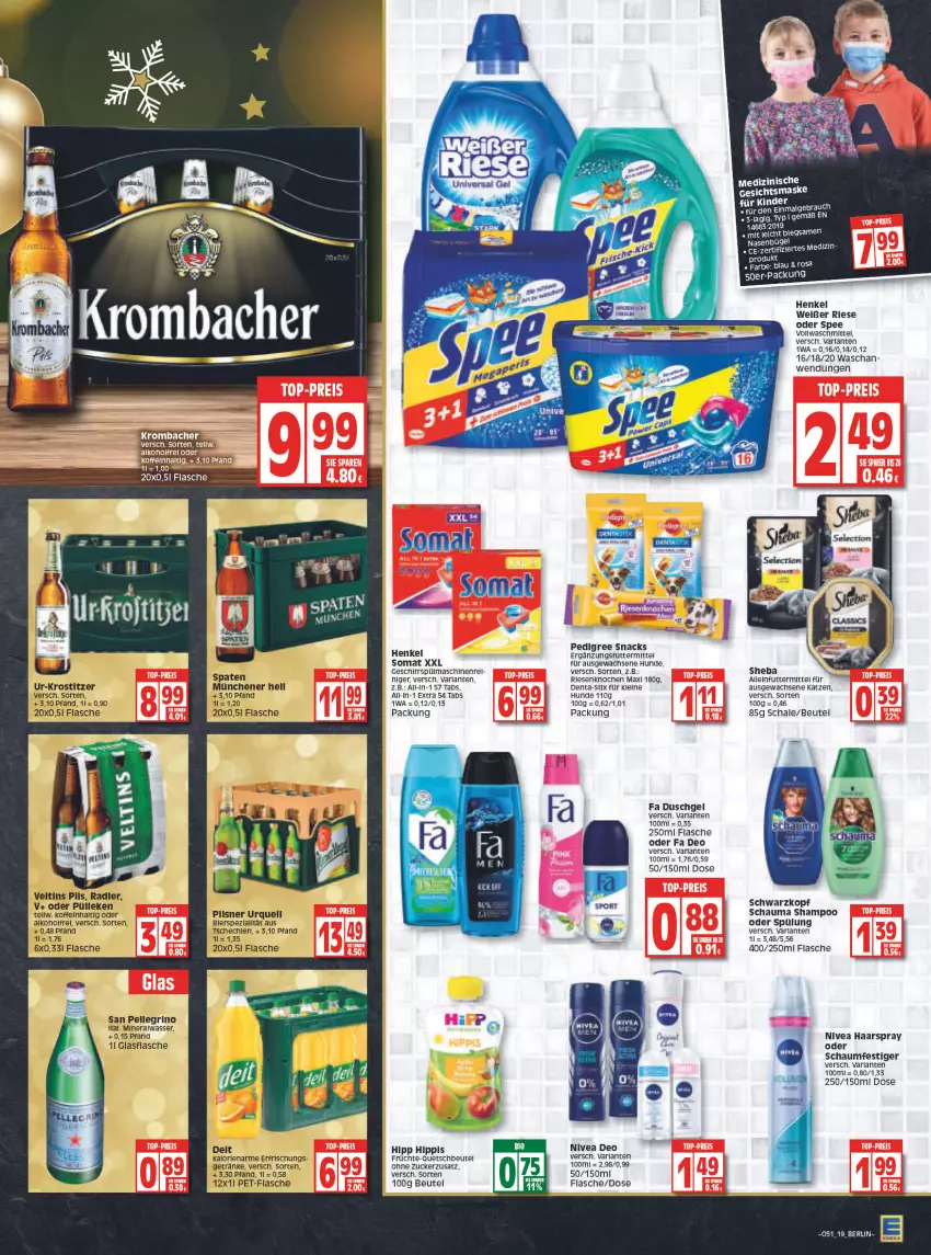 Aktueller Prospekt Edeka - Angebote der Woche - von 20.12 bis 25.12.2021 - strona 19 - produkty: alleinfuttermittel, Alwa, arla, beutel, bügel, deo, duschgel, elle, fa duschgel, flasche, früchte, geschirr, getränk, getränke, glasflasche, haarspray, henkel, hipp, Kinder, krombache, krombacher, leine, LG, mineralwasser, nivea, oder schaumfestiger, pedigree, pet-flasche, pils, quetschbeutel, radler, Rauch, rel, san pellegrino, Schal, Schale, schauma, schauma shampoo, schaumfestiger, schwarzkop, schwarzkopf, shampoo, sheba, snack, snacks, somat, Spaten, spee, spülmaschinen, spülung, Ti, veltins, vollwaschmittel, waschmittel, wasser, zucker