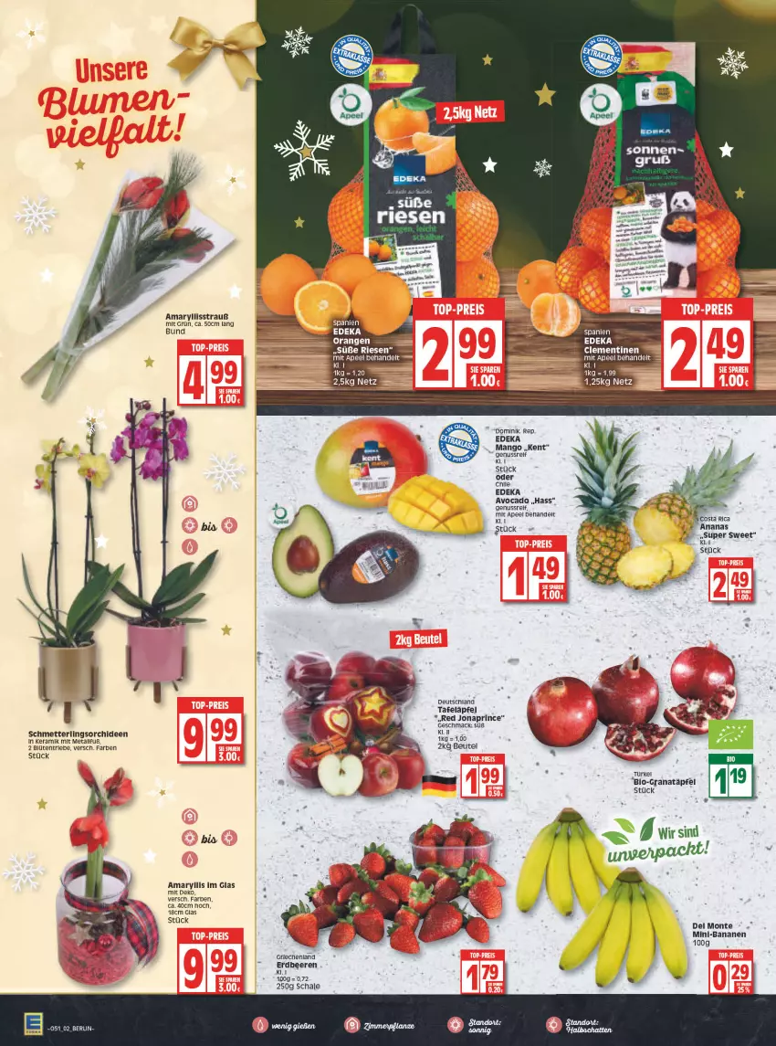 Aktueller Prospekt Edeka - Angebote der Woche - von 20.12 bis 25.12.2021 - strona 2 - produkty: avocado, banane, bananen, beere, beeren, beutel, bio, Blüte, clementinen, deit, deka, erdbeere, erdbeeren, grana, Granatäpfel, mac, mango, Mett, monte, nuss, orange, orangen, orchidee, orchideen, Rana, Schal, Schale, Schmetterling, schmetterlingsorchidee, tafeläpfel, Ti