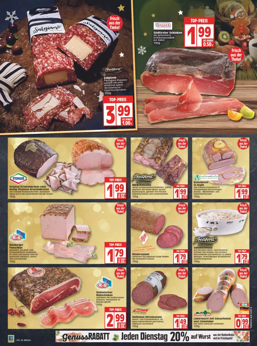 Aktueller Prospekt Edeka - Angebote der Woche - von 20.12 bis 25.12.2021 - strona 6 - produkty: ananas, aufschnitt, aufstrich, braten, bratenaufschnitt, brot, brotaufstrich, burger, eis, ente, Entenbrust, fleisch, frucht, Gänseleber, garnier, geback, gewürz, gin, gurke, gurken, honig, kräuter, kräutern, krustenbraten, leberwurst, LG, mac, malz, Maus, mit frucht, natur, Neuburger, nuss, orange, orangen, parmigiano, parmigiano reggiano, pfeffer, reggiano, rind, rinder, Rindersalami, rohschinken, röstzwiebeln, saft, salami, schinken, Schmalz, schwein, schweine, schweinefleisch, Spezi, steak, südtiroler, Ti, truthahn, wein, weine, wurst, zwiebel, zwiebeln