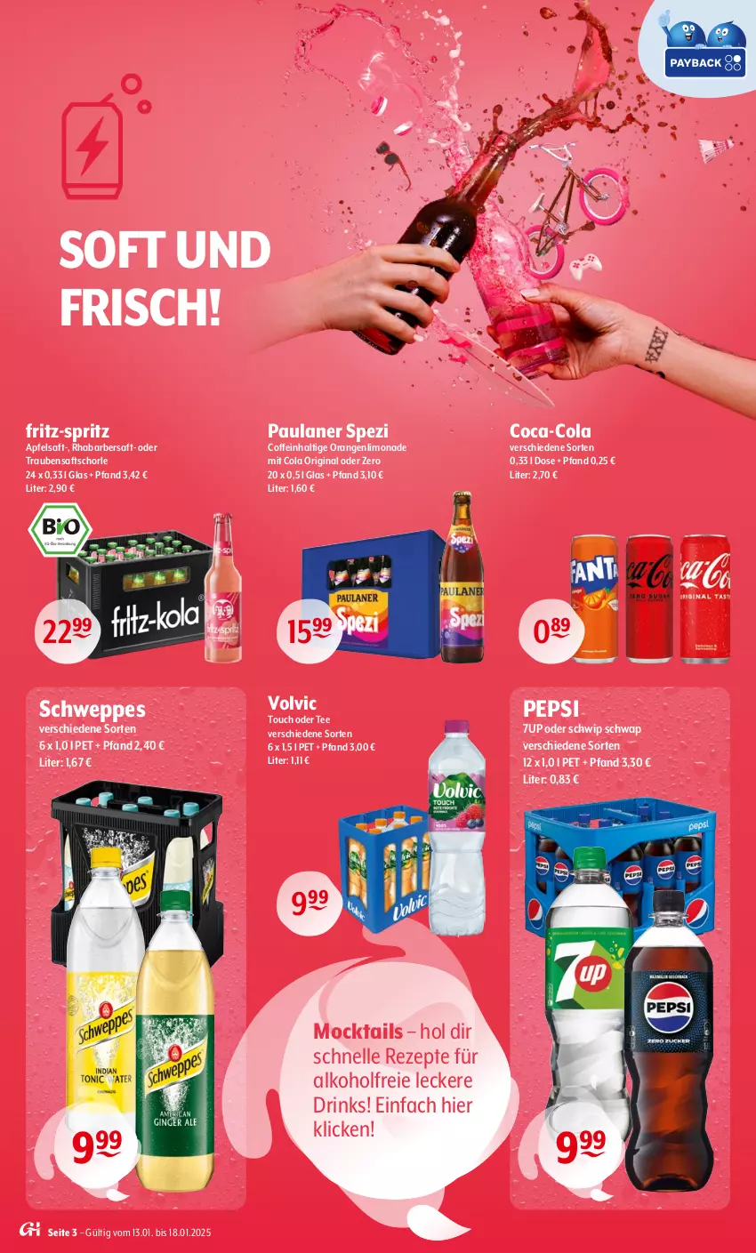 Aktueller Prospekt Getraenke Hoffmann - Prospekte - von 13.01 bis 18.01.2025 - strona 3 - produkty: 7UP, alkohol, apfel, apfelsaft, coca-cola, coffein, cola, drink, drinks, elle, fritz, gin, limo, limonade, orange, orangen, Paula, paulaner, pepsi, rezept, rezepte, rhabarber, saft, schorle, schweppes, Schwip Schwap, Spezi, tee, Ti, trauben, Traubensaft, volvic