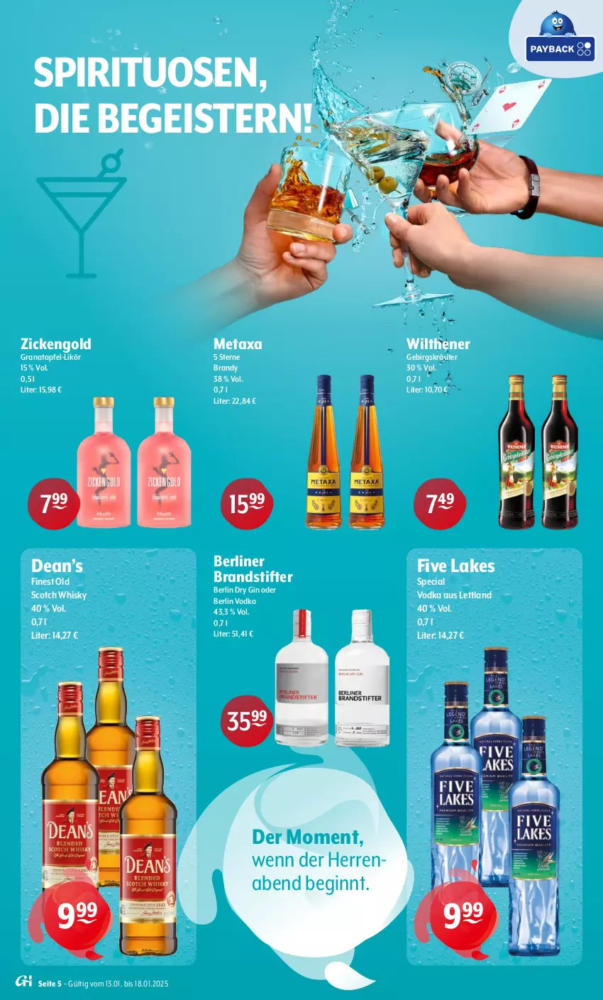 Aktueller Prospekt Getraenke Hoffmann - Prospekte - von 13.01 bis 18.01.2025 - strona 5 - produkty: apfel, berliner, dry gin, eis, gin, grana, granatapfel, kräuter, likör, Metaxa, Rana, scotch, scotch whisky, spirituosen, stifte, Ti, vodka, whisky, wilthener