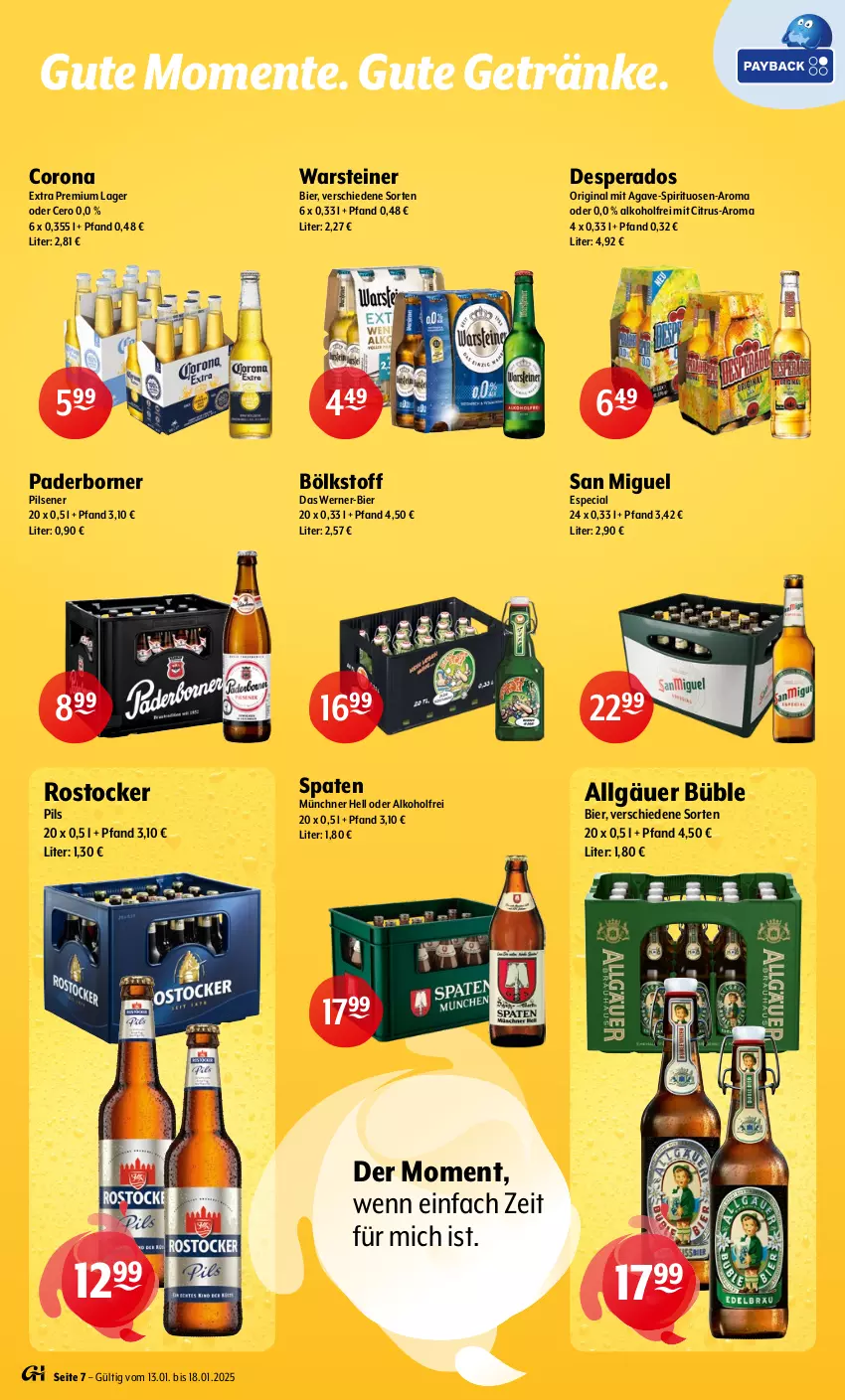 Aktueller Prospekt Getraenke Hoffmann - Prospekte - von 13.01 bis 18.01.2025 - strona 7 - produkty: alkohol, bier, citrus, corona, corona extra, desperados, ente, getränk, getränke, gin, LG, pils, pilsener, Rostocker, Spaten, spirituosen, steiner, Ti, warsteiner