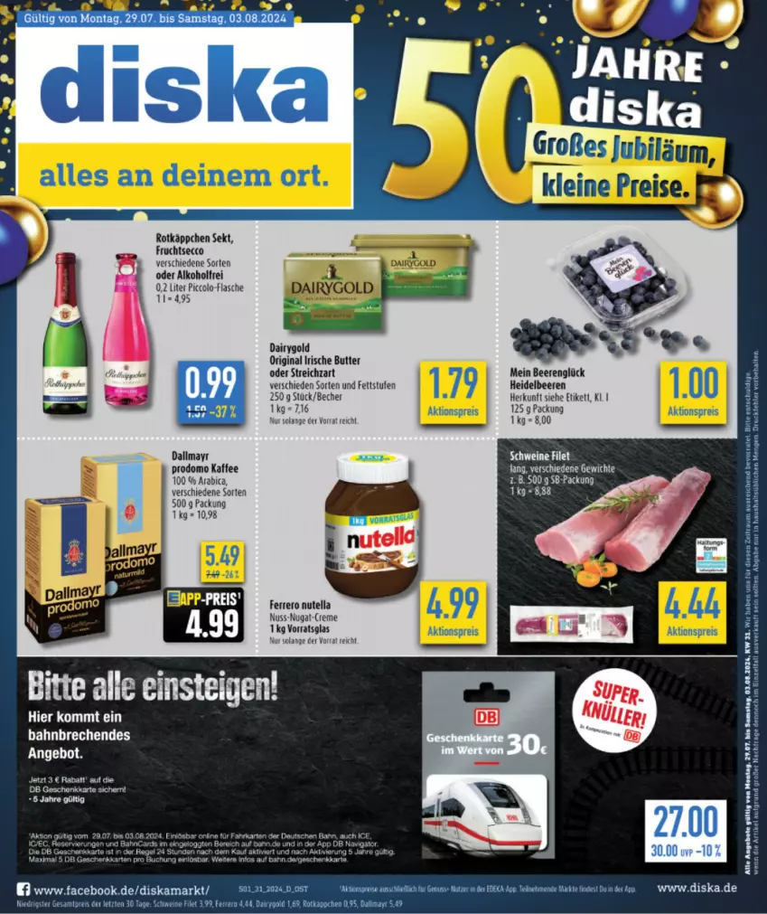 Aktueller Prospekt Diska - von 29.07 bis 03.08.2024 - strona 1 - produkty: alkohol, angebot, angebote, Becher, beere, beeren, buch, butter, creme, Dairygold, dallmayr, dell, ecco, eis, ferrero, filet, flasche, frucht, fruchtsecco, gin, heidelbeere, heidelbeeren, irische butter, kaffee, lion, nuss, nuss-nugat-creme, nutella, prodomo, reis, rotkäppchen, schwein, schweine, sekt, Streichzart, Ti, torte, wein, weine, Yo, ZTE