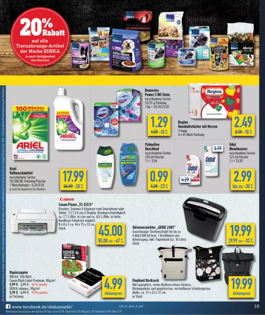 Aktueller Prospekt Diska - von 29.07 bis 03.08.2024 - strona 10 - produkty: Aktenvernichter, aktionspreis, ariel, Bad, black label, canon, deka, din a4, domestos, duschbad, eis, flasche, gin, haushaltstücher, kopierpapier, korb, lack, Laptop, mundwasser, Odol, olive, palmolive, papier, reis, rucksack, sac, schultergurt, smartphone, tablet, tee, Ti, topf, tücher, vollwaschmittel, waschmittel, wasser, ZTE