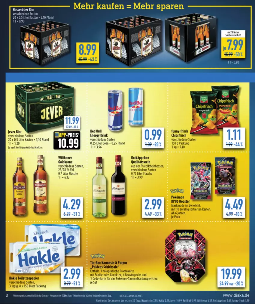 Aktueller Prospekt Diska - von 29.07 bis 03.08.2024 - strona 3 - produkty: bier, drink, energy drink, flasche, goldkrone, hasseröder, jever, krone, Ti, Tiere, wilthener, Wilthener Goldkrone