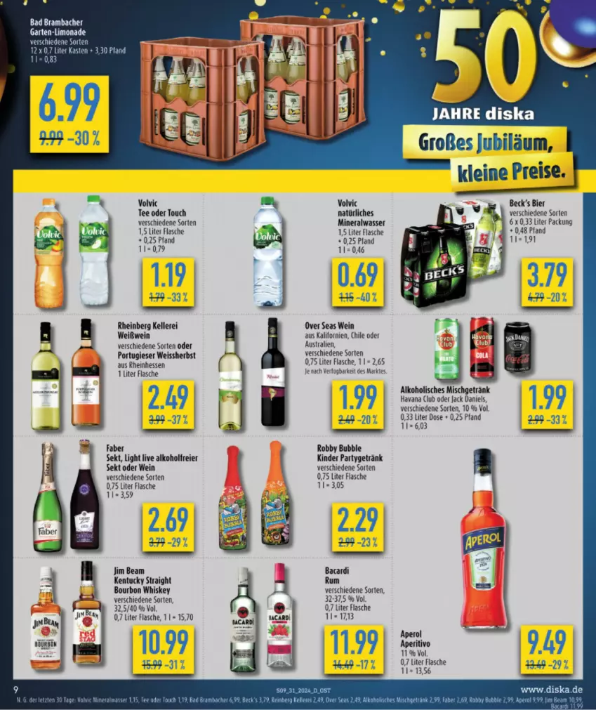 Aktueller Prospekt Diska - von 29.07 bis 03.08.2024 - strona 9 - produkty: alkohol, Alwa, aust, bacardi, Bad, bier, bourbon, bourbon whiskey, braten, eier, eis, elle, flasche, Garten, getränk, jack daniel, jack daniels, jim beam, kentucky straight, Kinder, leine, limo, limonade, mineralwasser, natürliches mineralwasser, reis, robby, rum, sekt, tee, Ti, tuc, volvic, volvic natürliches, wasser, wein, Weißwein, whiskey