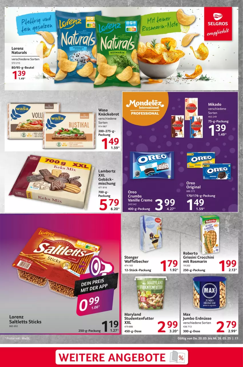 Aktueller Prospekt Selgros - Food - von 20.03 bis 26.03.2025 - strona 11 - produkty: Amber, Becher, beutel, brot, creme, ente, erdnüsse, grissini, jumbo, knäckebrot, lambertz, lorenz, mikado, natur, natura, oreo, rosmarin, rum, saltletts, studentenfutter, Ti, Tiere, vanille, wasa